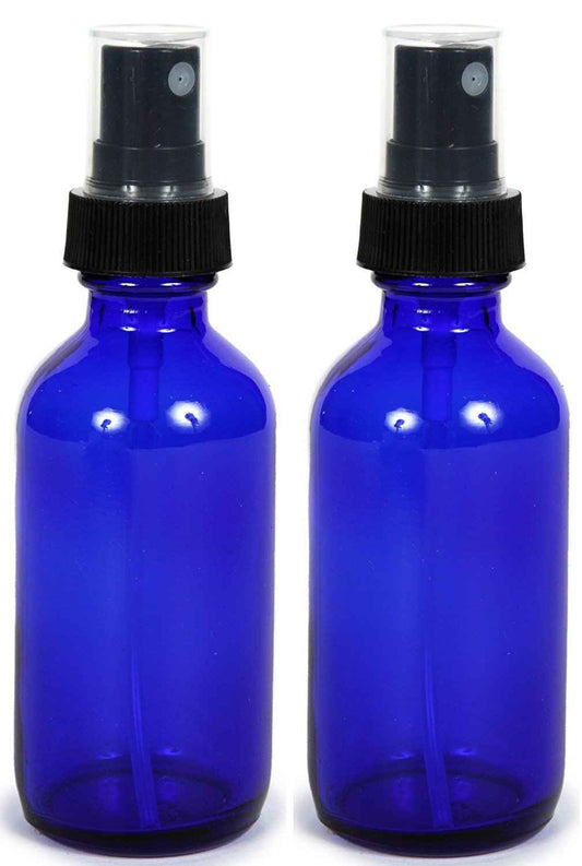 Cobalt Blue Glass Spray Bottle (2 oz, 2 pk) Waterproof Labels Included, Fine Mist Sprayer, Essential Oils, Colognes & Perfumes