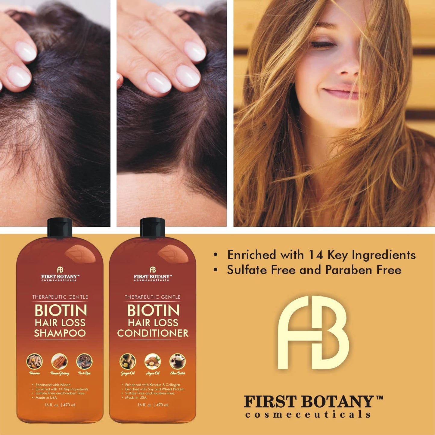 First Botany, Hair Growth Shampoo Conditioner Set - An Anti Hair Loss Biotin Shampoo & Conditioner with DHT blockers to fight Hair Loss For Men & Women, All Hair types, Sulfate Free - 2 x 16 fl oz