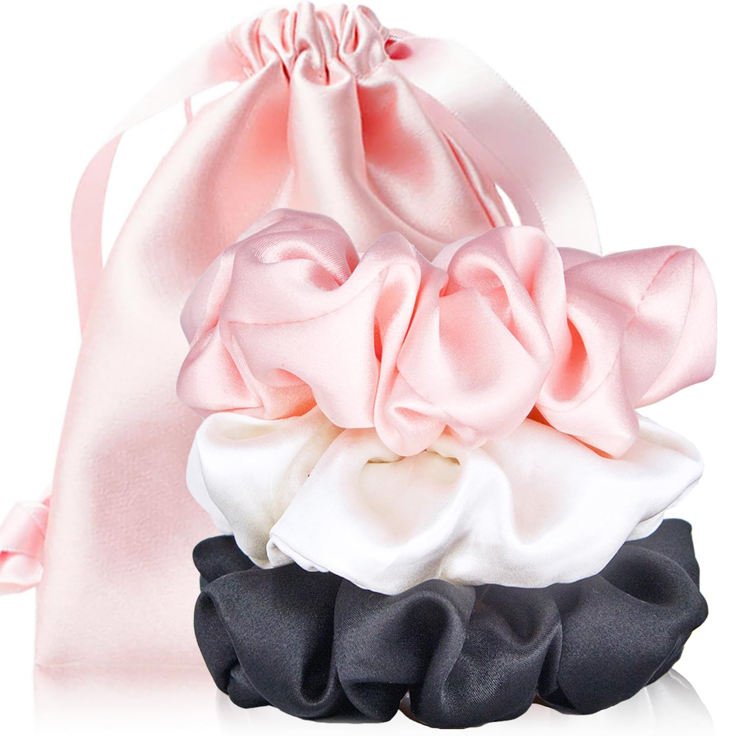 QVMKWL 3 Pcs 100% Pure Mulberry Silk Scrunchies With a Pink Satin Travel Pouch for Girls and Ladies, Hair Care Premium Large Silk Elastic Ponytail Holder (Pink,Black,White)