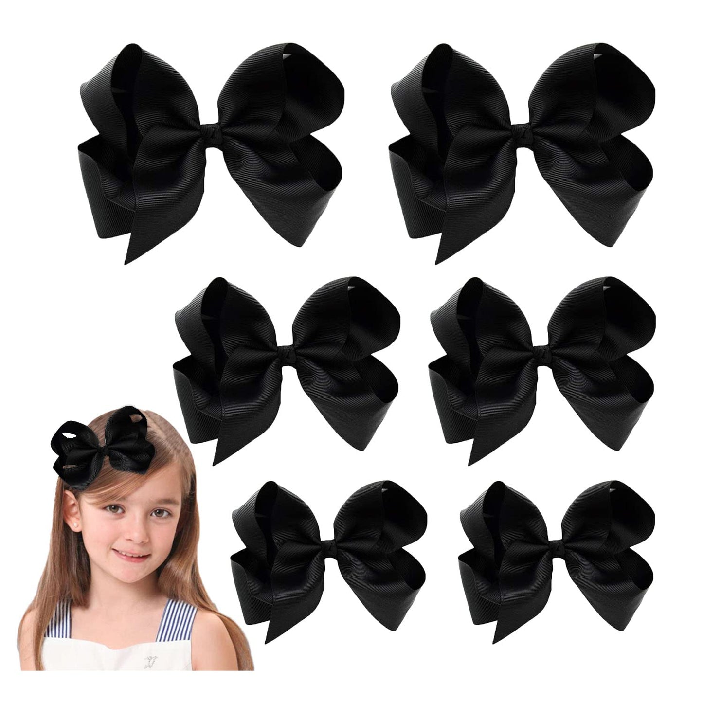 Black Hair Bow For Girls and Toddler - 6 pcs Black hair bows clips 6 inch ×2, 4 inch ×2, 3 inch ×2 …