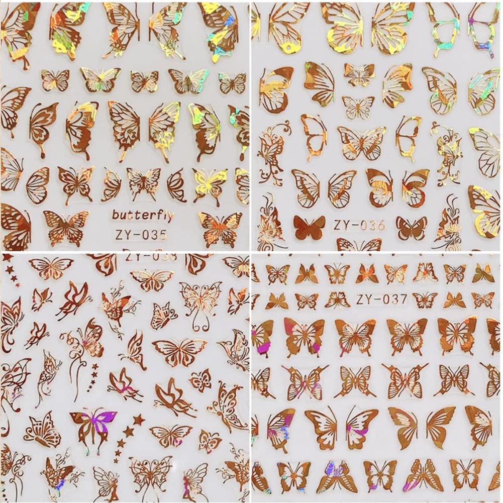 8 Sheets Butterfly Nail Art Stickers Gold Nail Decals,3D Luxury Nail Art Supplies Butterflies Gold Silver Nail Decoration for Designer Nail Stickers for Women DIY Acrylic Nails Decorations Accessories