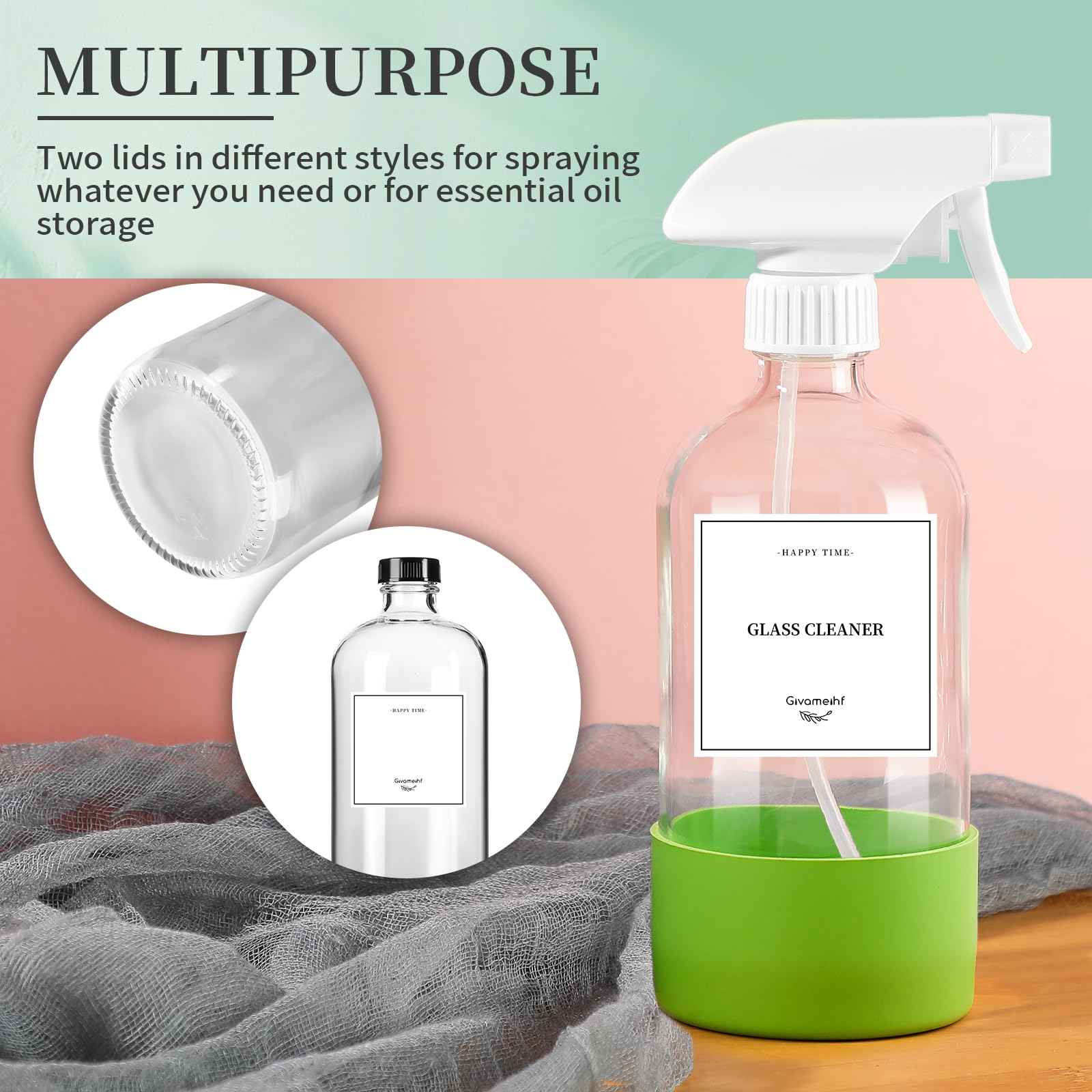 GIVAMEIHF 2 Pack Glass Spray Bottles with Silicone Sleeve,16oz Clear Glass Spray Bottles Refillable Empty Bottle with Adjustable Nozzle,Spray Bottle for Essential Oils,Cleaning Solutions,Pets,Hair