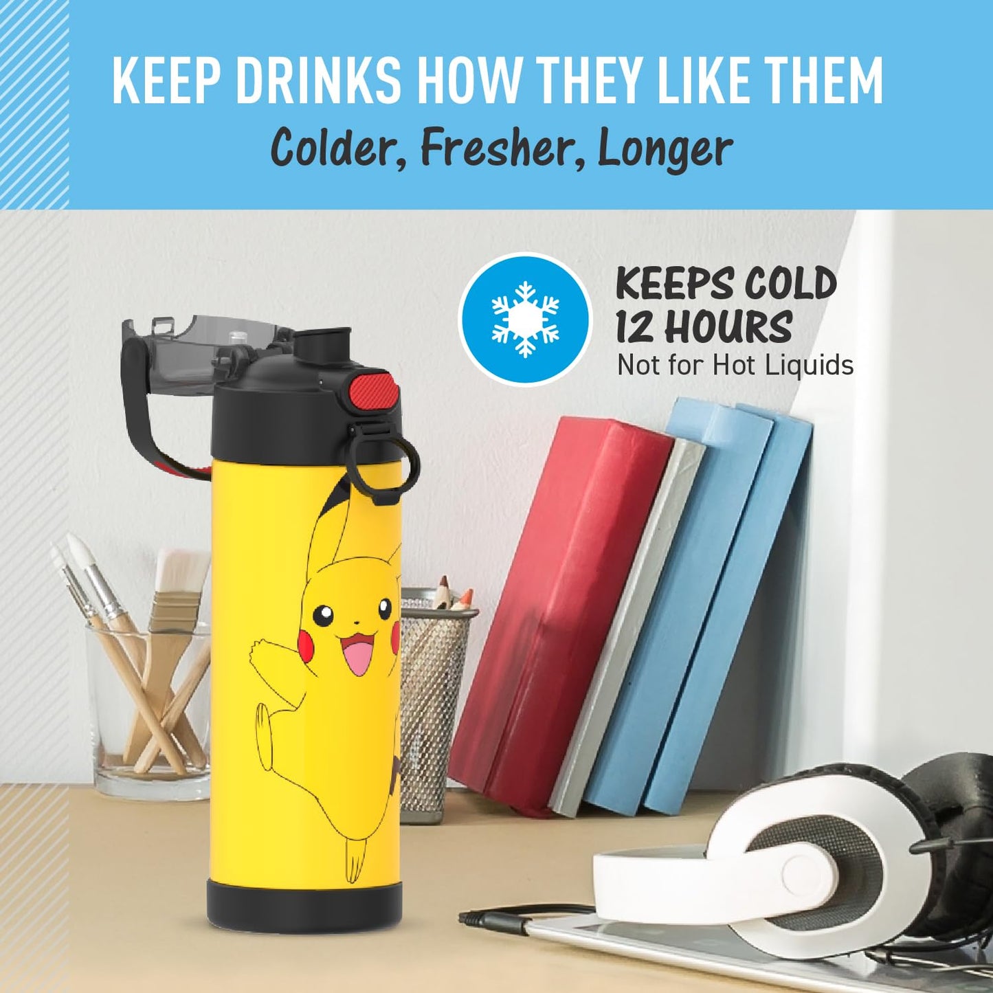 THERMOS FUNTAINER 16 Ounce Stainless Steel Vacuum Insulated Bottle with Wide Spout Lid, Pokemon