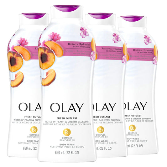 Olay Fresh Outlast Paraben Free Body Wash with Energizing Notes of Peach and Cherry Blossom, 22 fl oz, Pack of 4