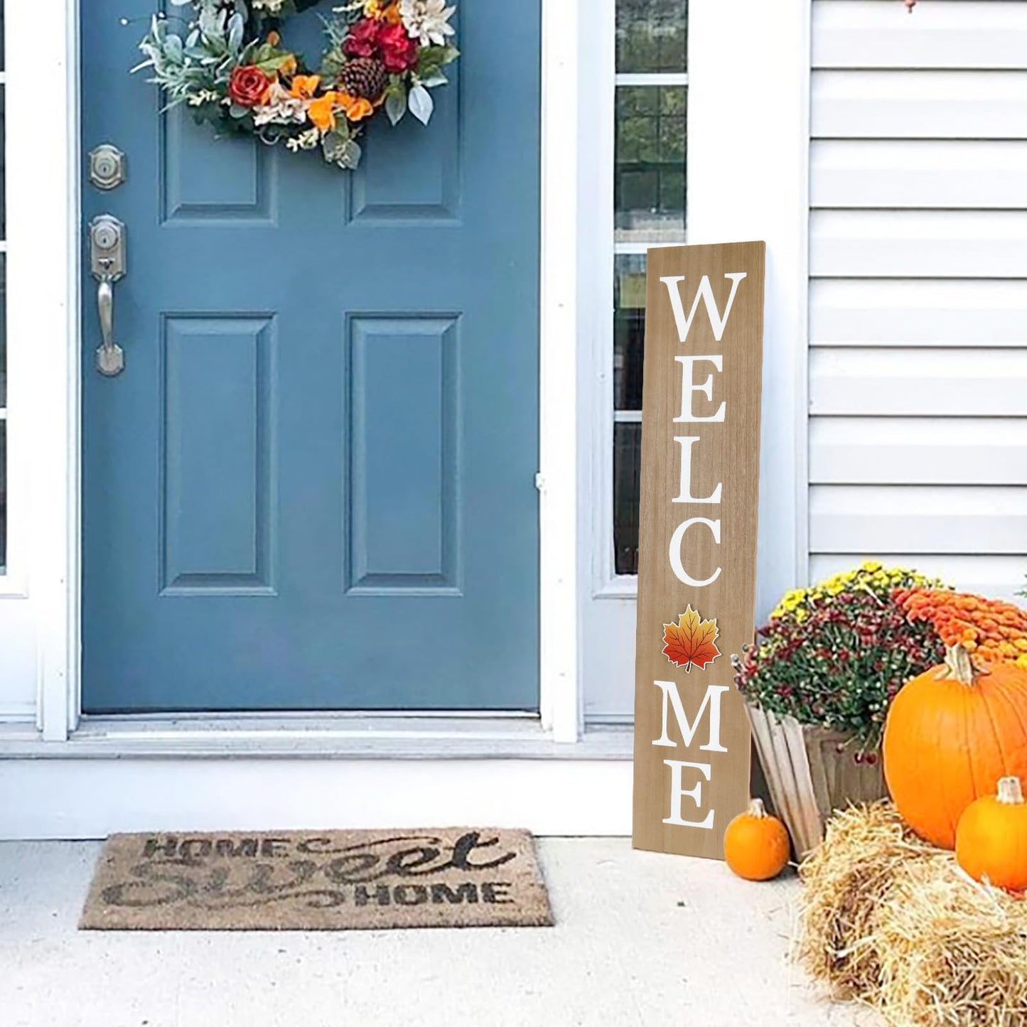 Interchangeable Welcome Sign for Front Porch- 45"X9" Large Standing/Hanging Wooden Sign with 12 PCS Replaceable Icons for Farmhouse Harvest Fall Halloween Thanksgiving Christmas Porch Wall Yard Decorations