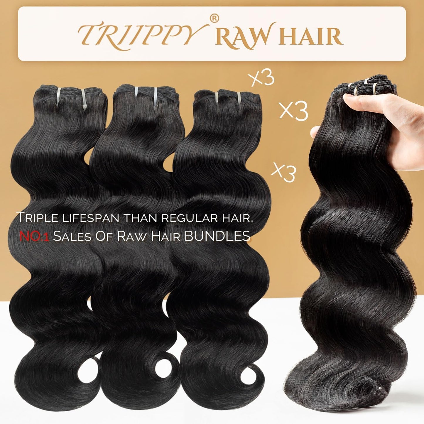 TRIIPPY Raw Body Wave Human Hair Bundles,Triple Lifespan Than Regular Virgin Hair No.1 Sales Of Raw Hair Bundles(16 18 20 Inches) Keep Silky And Smooth After Multiple Washes 100% indian Raw Hair