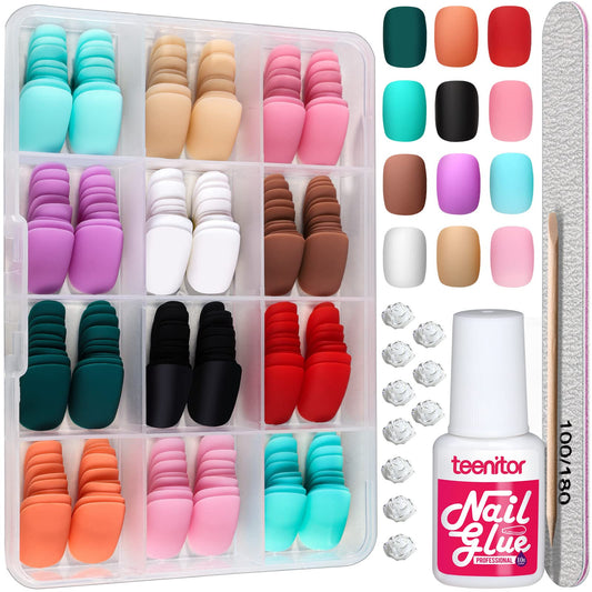 Extra Short Matte Press On Nails, 12 Colors Short Fake Nails With Nail Glue, Teenitor Short Round Press On Nails Small Matte False Nails, Short Glue On Nails Short Nails For Small Hands