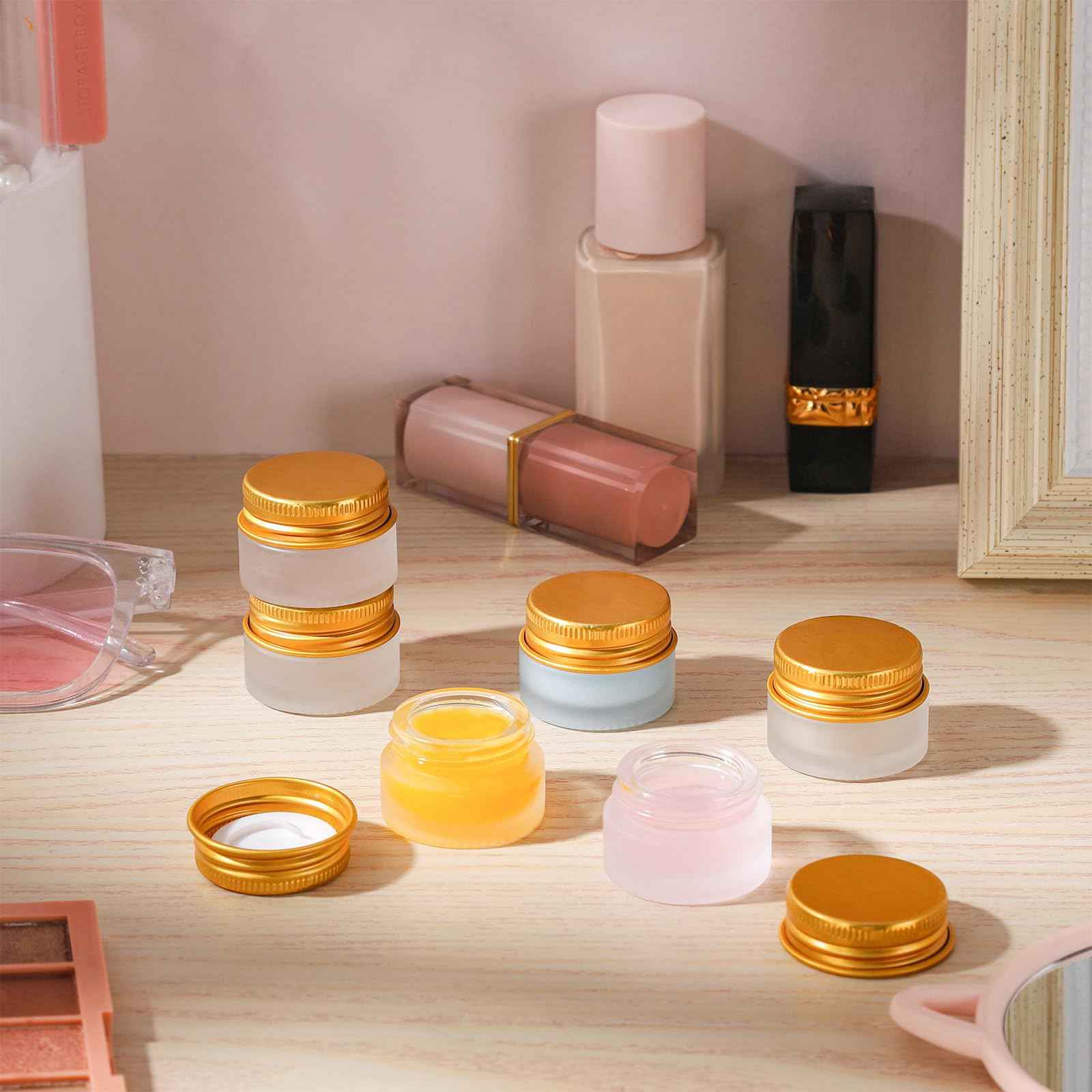 RAMFIYN 24 pack 5ml Frosted Glass Jars with Unbreak Metal Gold Lids Small Empty Travel Lotion Containers with Inner Liner Airtight Cosmetic Holder with Labels for Lip Balm Creams Body Butter