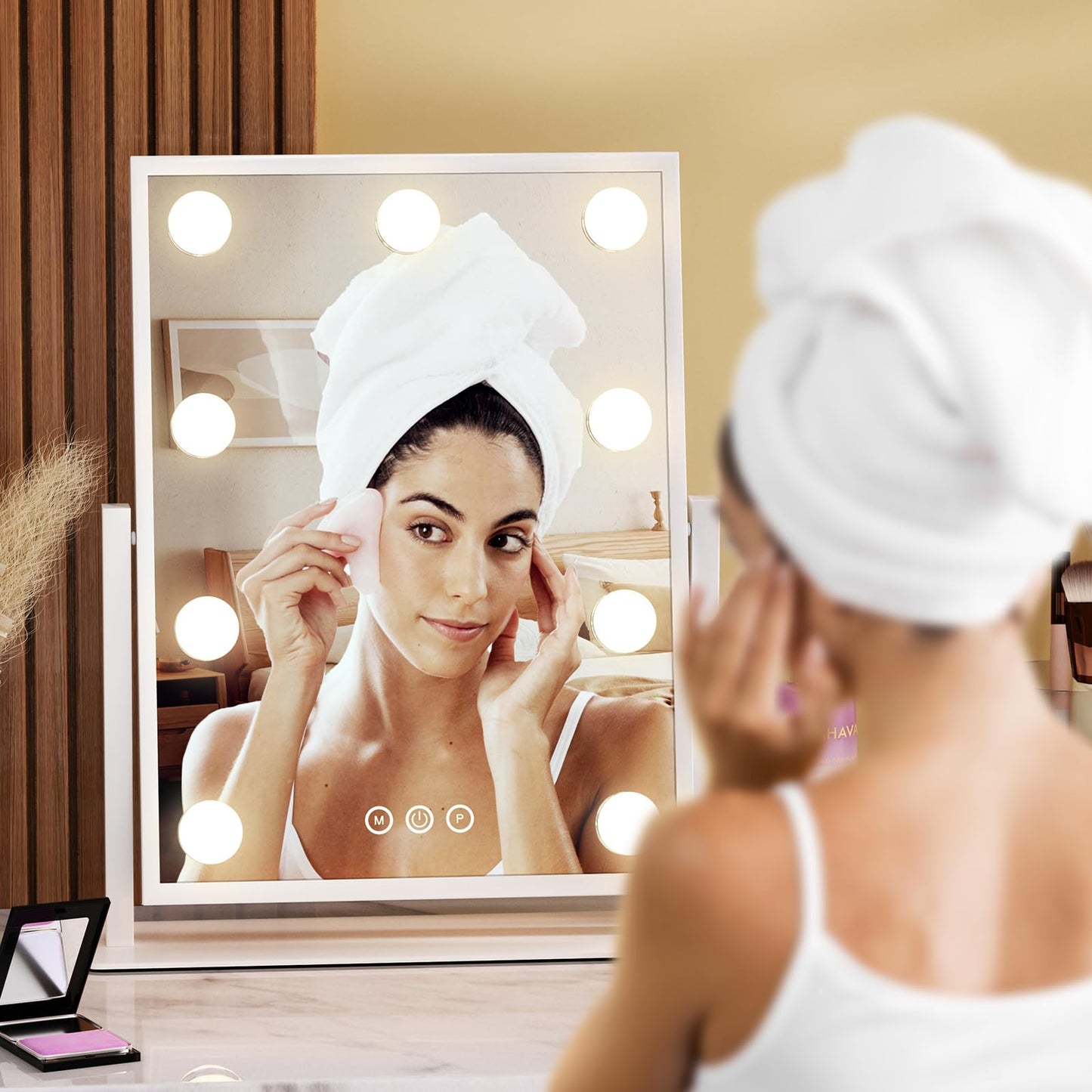 Vanity Mirror with Lights, Lighted Makeup Mirror Hollywood Makeup Mirror with 9 Dimmable Bulbs and 3 Color Lighting Modes, Smart Touch Control, 360°Rotation