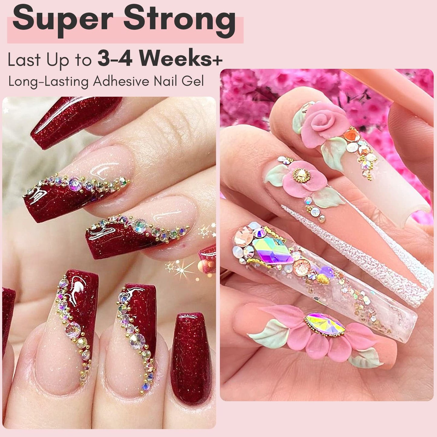 Makartt Nail Rhinestone Glue for Nails, Super Strong Gel Nail Glue for Nail Charm 3D Nails Bling Gel for Nail Decoration Gem Nail Art Jewel Diamonds 30ML Cured Need Beauty Gift