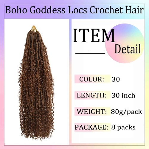 Boho Faux Locs Crochet Hair 30 Inch Goddess Locs 8 Packs Boho Soft Locs with Curly Ends Pre-looped Long Bohemian River Locs Crochet Hair for Black Women(30Inch, #30)