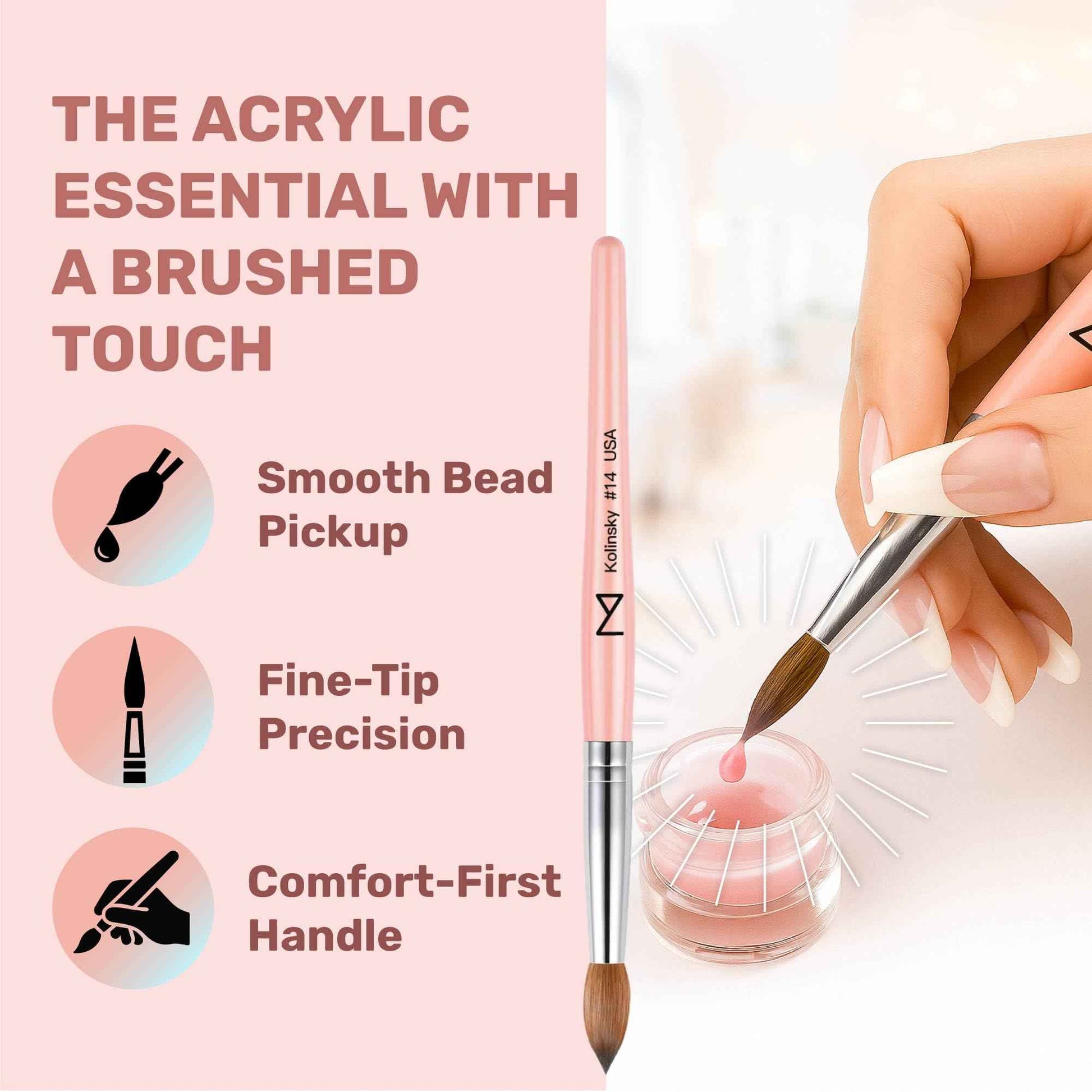 M – Majesti Pink 100% Kolinsky Acrylic Nail Brush | Professional Acrylic Sculpting & Application Brush | Handcrafted Premium Nail Art Tool for Nail Technicians (#14)