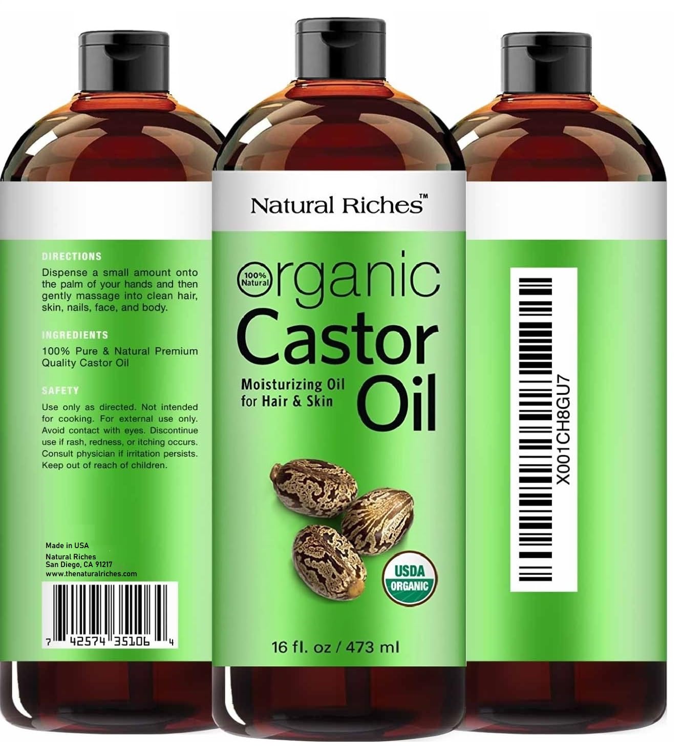 Natural Riches Organic Castor Oil - Cold Pressed and USDA Certified for Dry Skin and Hair - Moisturizes and Helps Growth for Eyelashes, Eyebrows and Hair - 16 fl. oz.