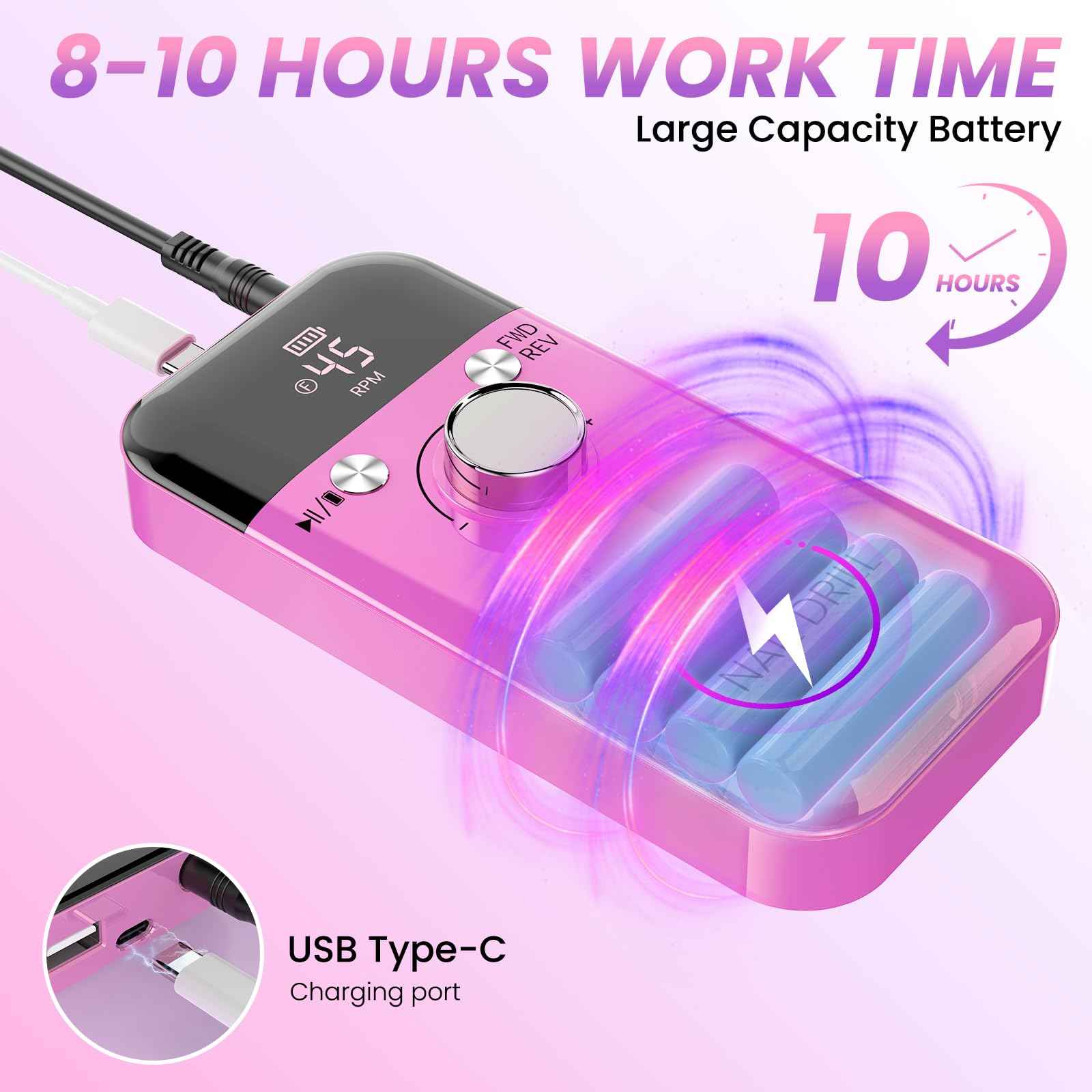 Portable Nail Drill Electric File: Cordless Nail Drills for Acrylic Nails Professional Rechargeable Nail Machine Kit Manicure Pedicure Tools Polishing Set for Shaping, Removing & Polishing Gel Nails