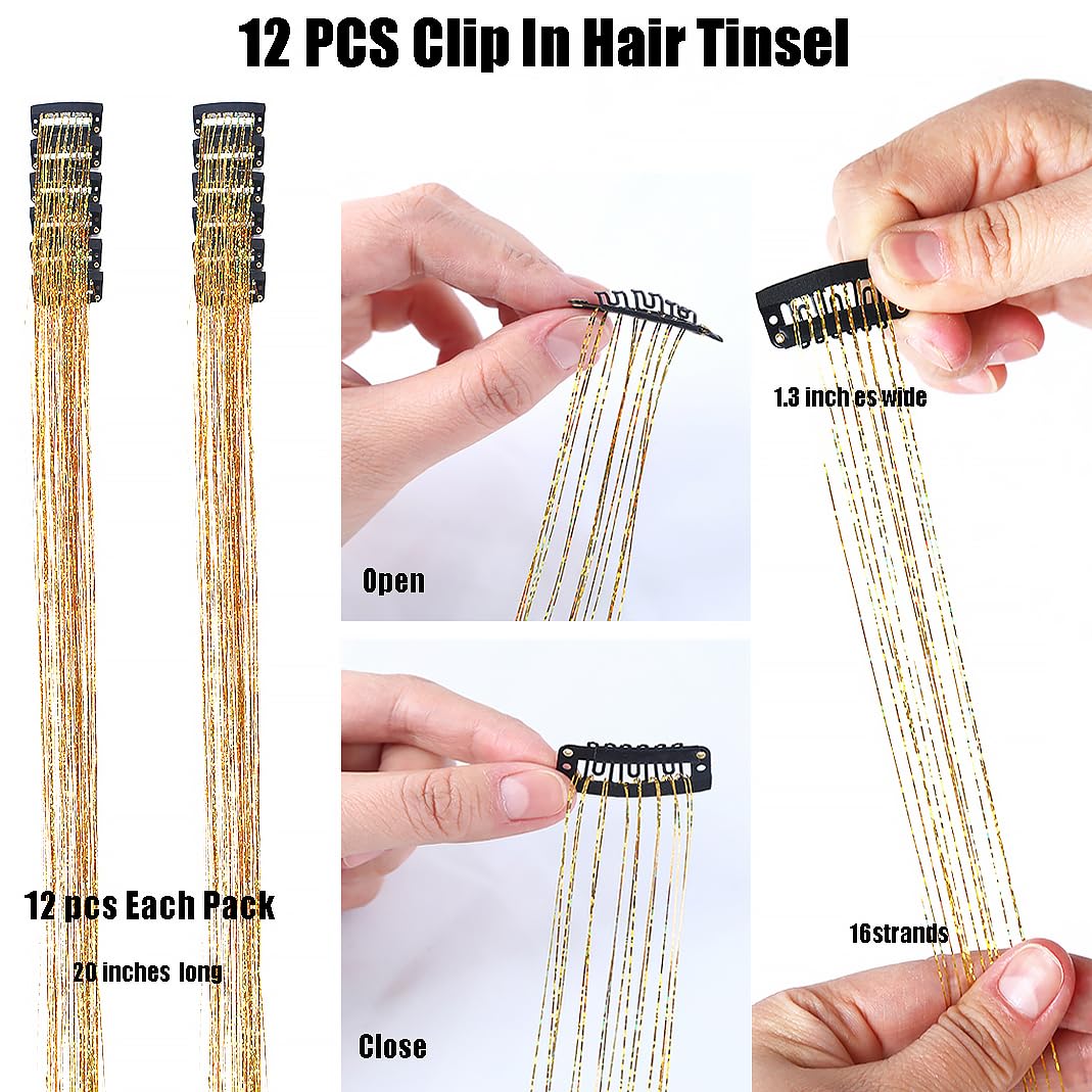 Clip in Hair Tinsel Kit 20Inch Glitter Tinsel Hair Extension 12Pcs Rainbow Fairy Hair Tinsel Kit for Christmas New Year Halloween Party Sparkly Hair Accessories for Women Girls (Pink)