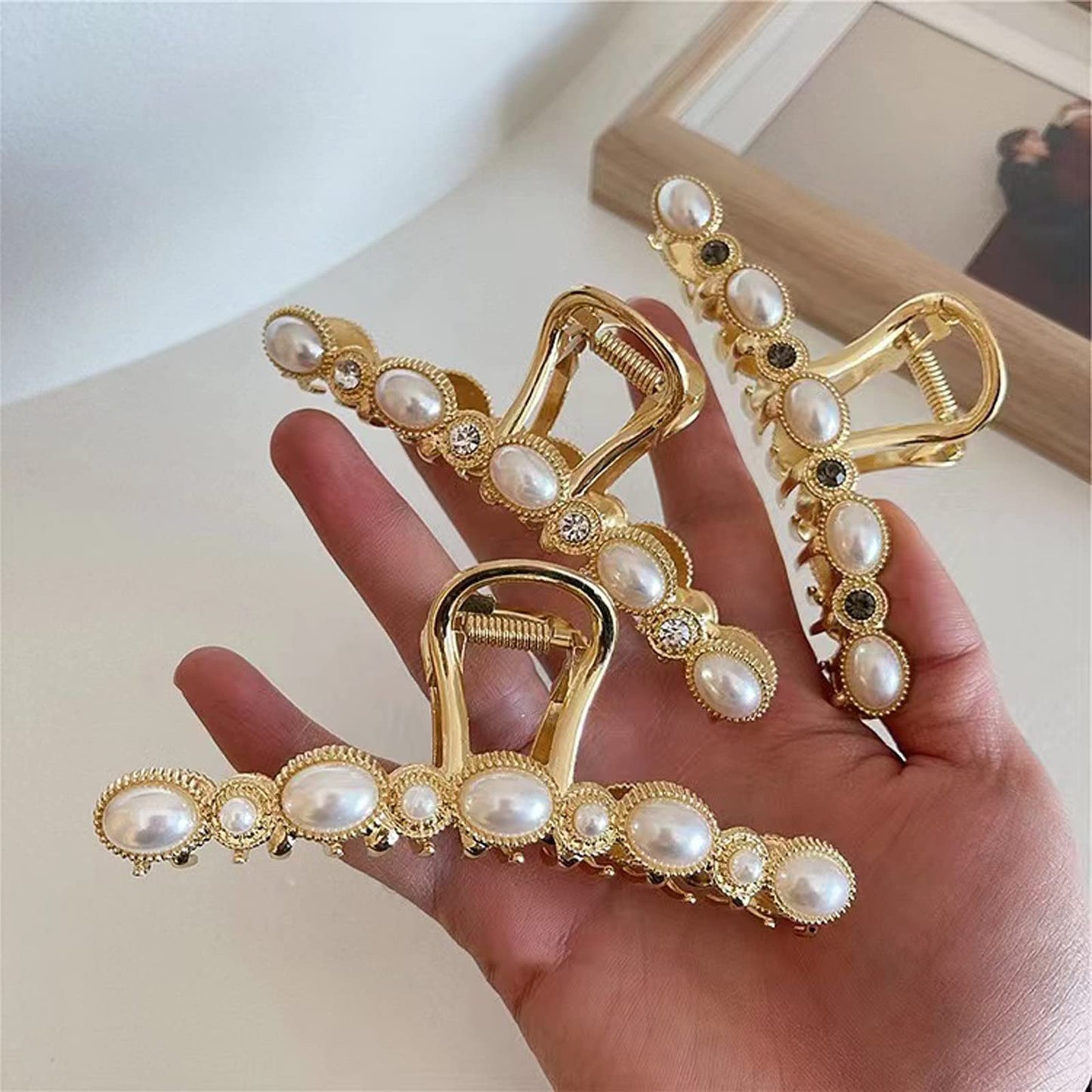 Agirlvct Pearl Hair Clips, Gold Hair Claw Clip Strong Hold, Big Fancy Hair Jaw Clips Nonslip with Rhinestone and Pearl,Summer Claw Clips Styling Birthday Gift for Women Girls Long Thick Hair(3 Pack)