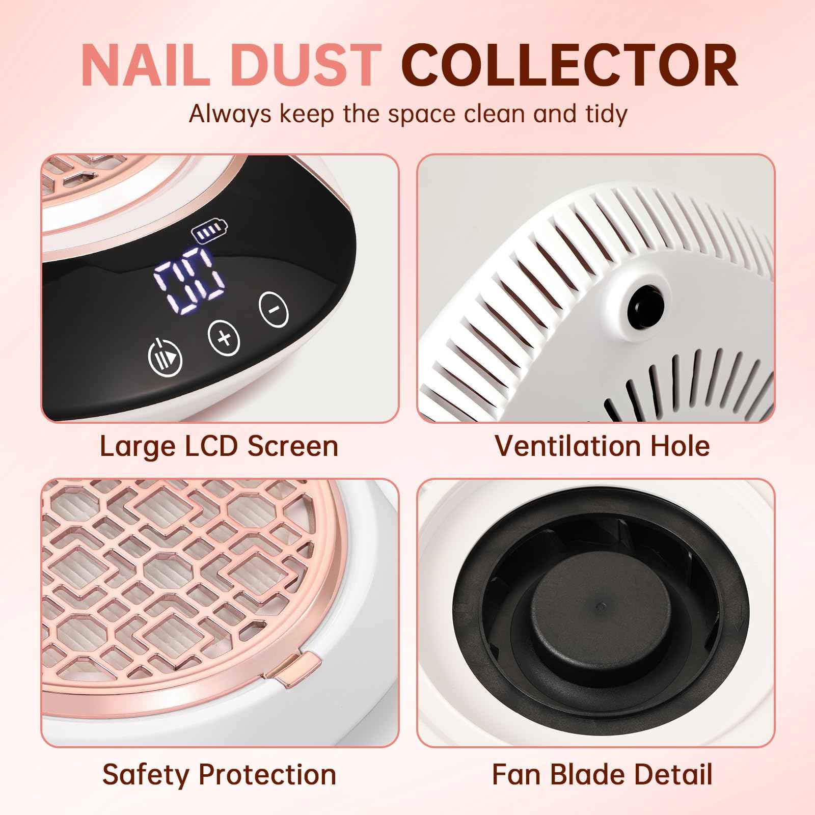 CHRISTINE SHELLY 3500RPM Cordless Nail Dust Collector,Portable Dust Collector Nail Tech with LED Display,Rechargeable Dust Suction Machine with Reusable Fillter for Acrylic Gel Polish,Salon & Home