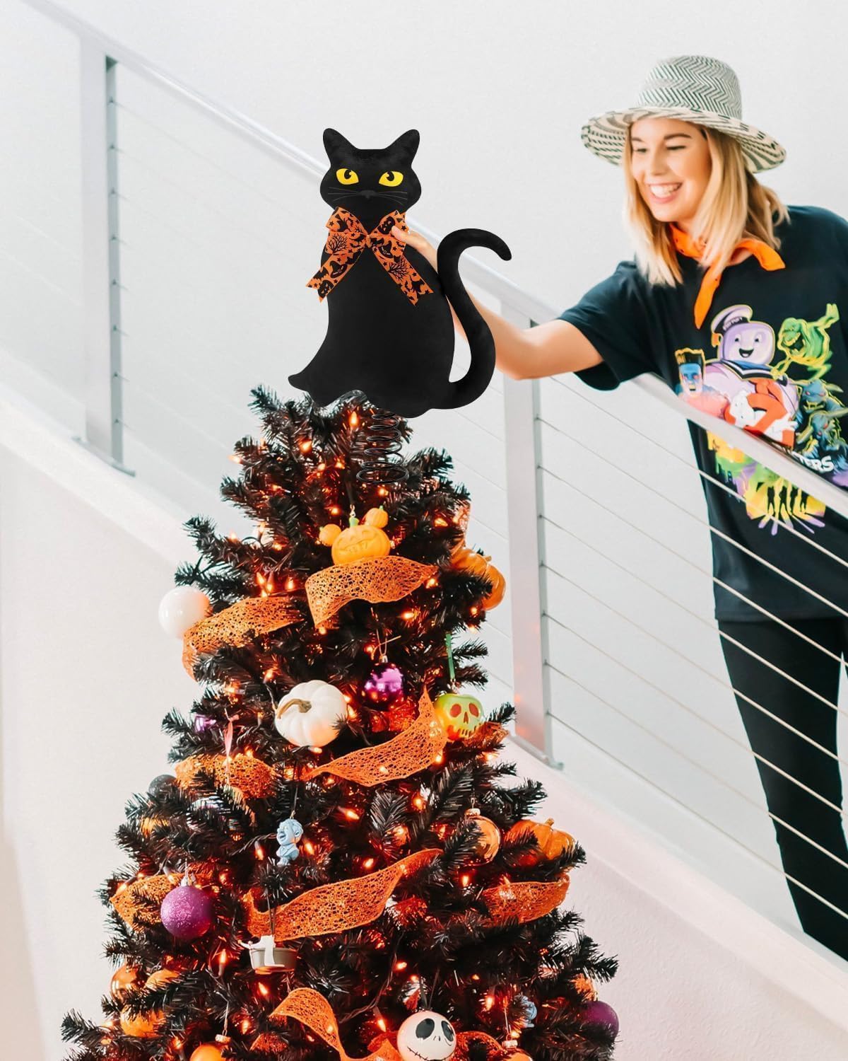 Black Cats Christmas Tree Topper with Stand and Changeable Bows Halloween Xmas Tree Ornament Winter Holidays Home Decorations Cat Lovers Gift Ideas