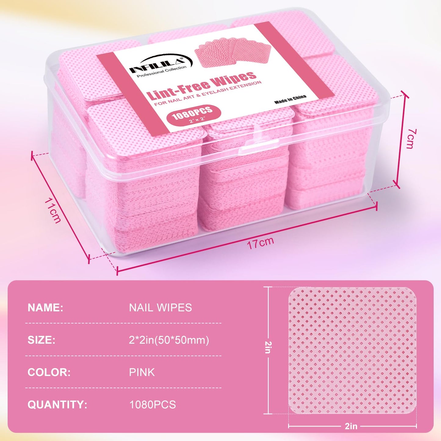 NXJ INFILILA Lint Free Nail Wipes, 1080PCS Nail Wipes for Gel Nails Lint Free, Non-Woven Fabric Nail Cleaning Pads, No Lint Nail Wipes Lash Extensions Glue Cleaning Wipes for Nail Supplies