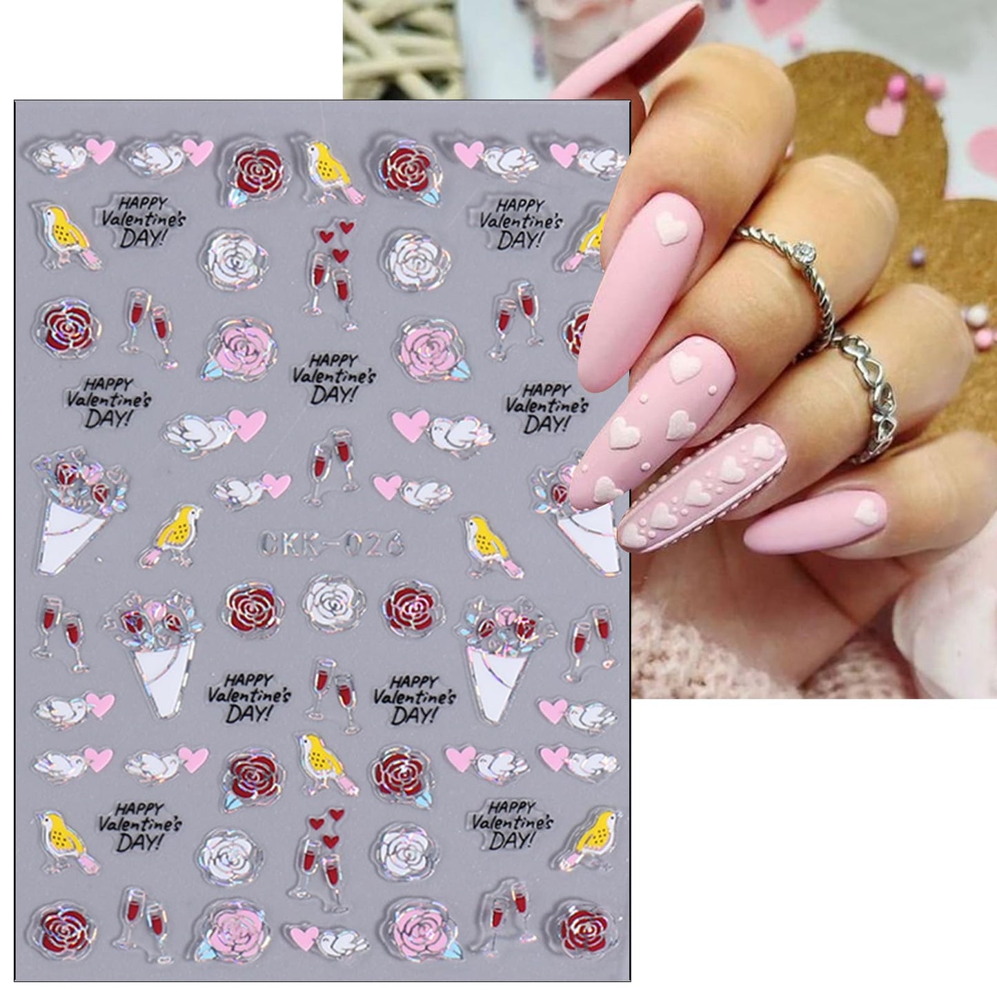 6 Sheets Valentine's Day Nail Art Sticker Decals Red Love Heart Lips Design Nail Decals 3D Self-Adhesive Rose Flower Nail Art Supplies Silvers Love Angel Nail Design Nail Decoration for Women Girls