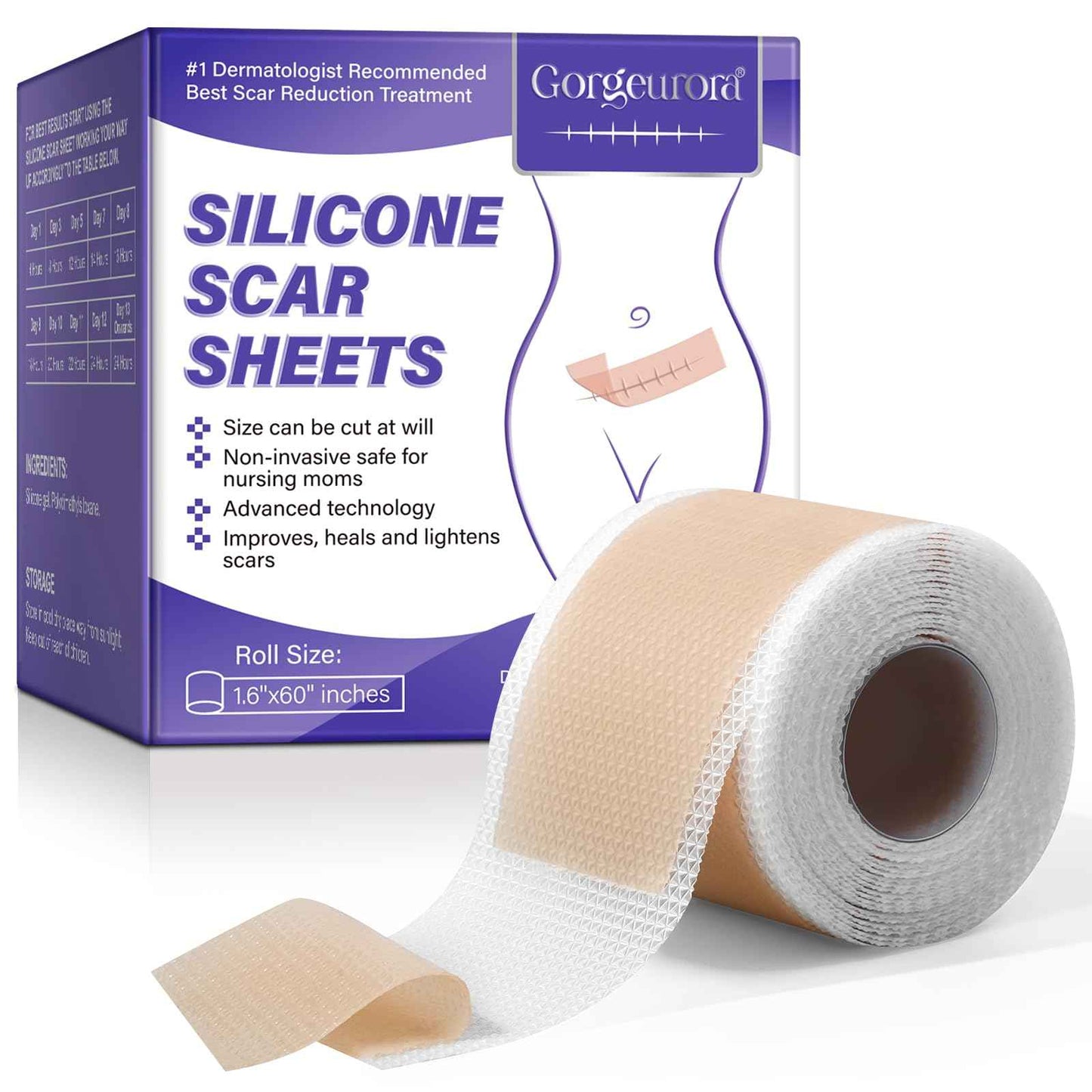 Silicone Scar Sheets, Silicone Scar Tape (1.6” x 60” Roll, 1.5M) – Reusable Silicone Scar Sheets for Surgical Scars, C-Section, Keloids, Burns, Acne, and Keloid Bump Removal