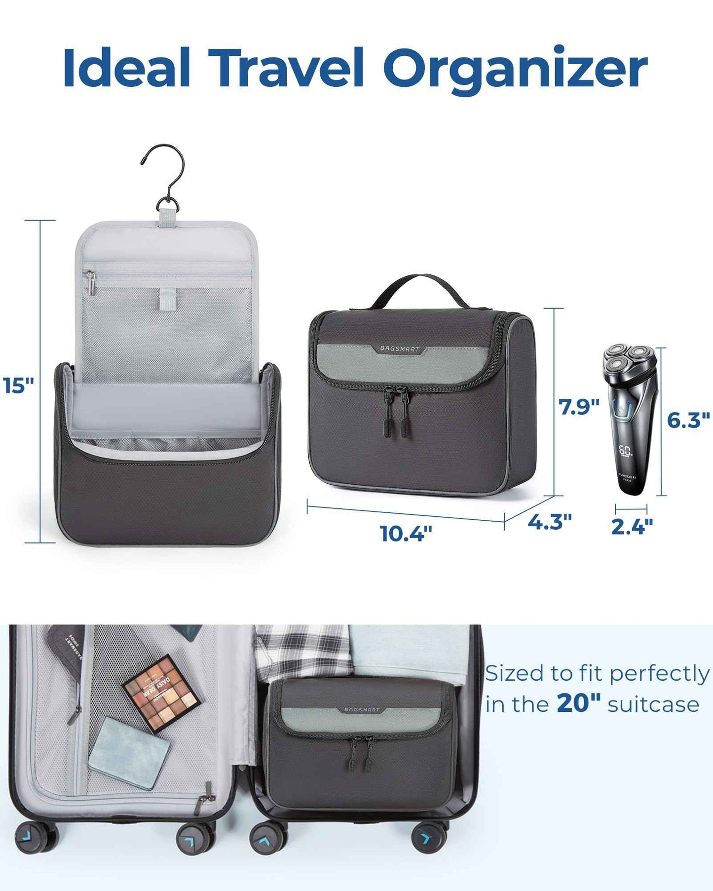 BAGSMART Travel Toiletry Bag for Men, Hanging Toiletry Bag for Mens Traveling, Outdoor Activities, Bathroom Shaving, Travel Essentials Dopp Kit Organizer 360 Swivel Hook Water Resistant, Grey