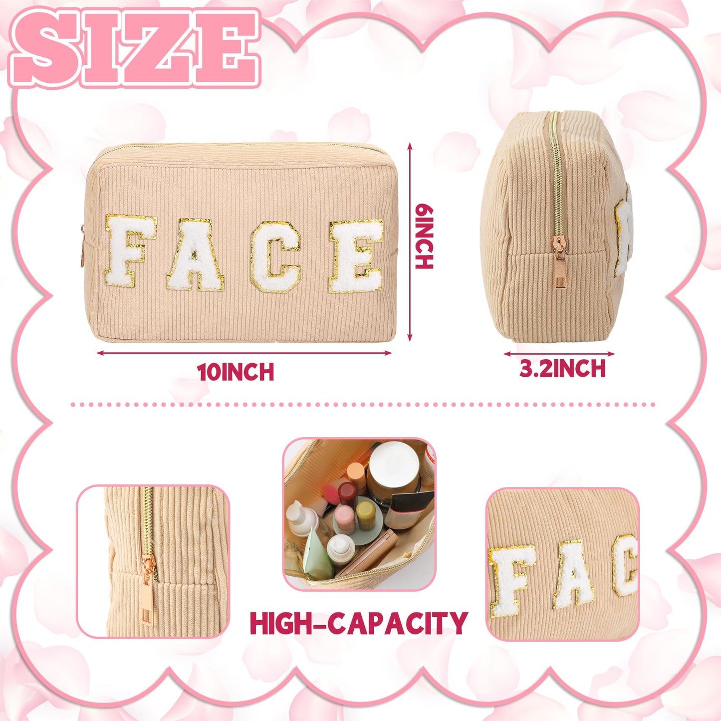 Pinkunn 4 Pcs Preppy Makeup Bag Cute Chenille Cosmetic Bags Face Eyes Lips Hair Corduroy Letter Patch Skin Zipper Patch Bags Travel Zipper Pouch Makeup Organizer for Women