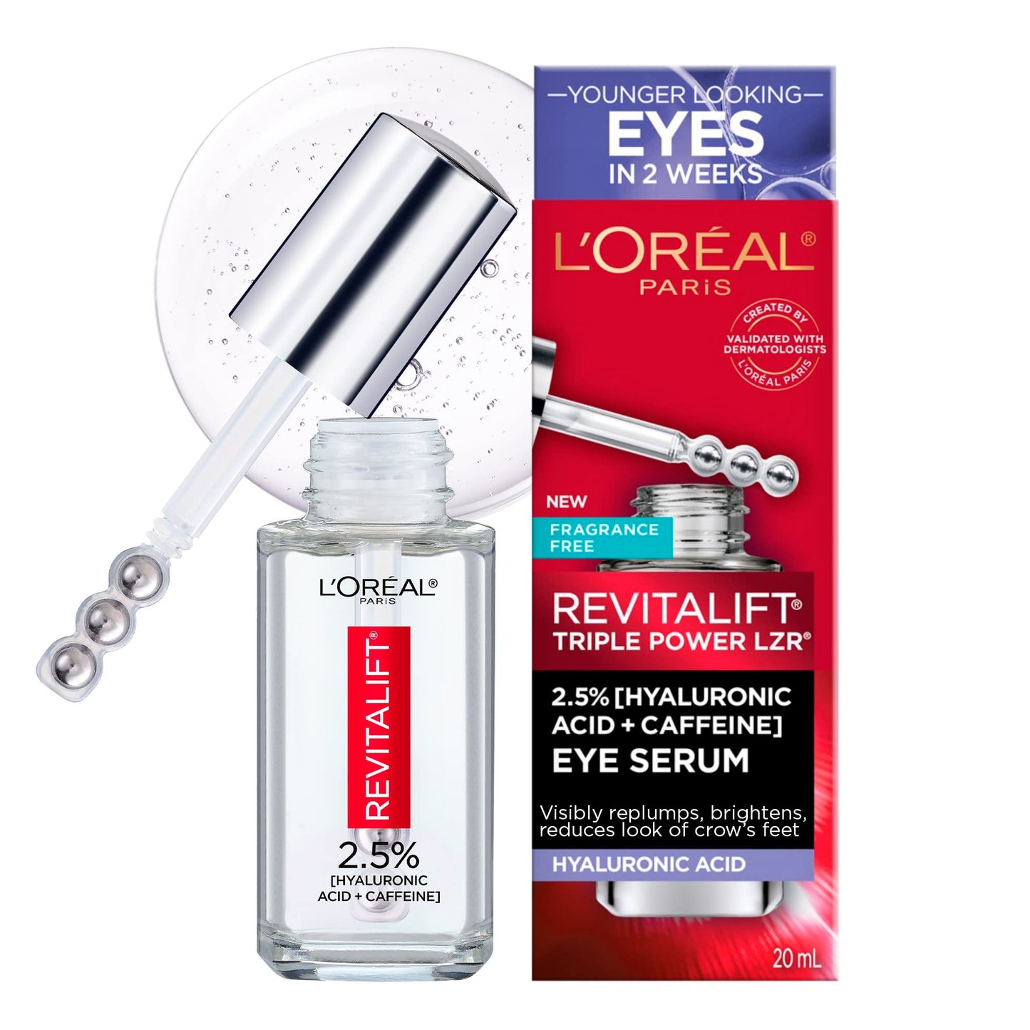 L'Oreal Paris Revitalift Derm Intensives Hyaluronic Acid + Caffeine Hydrating Eye Serum, 0.67 Fl. Oz.