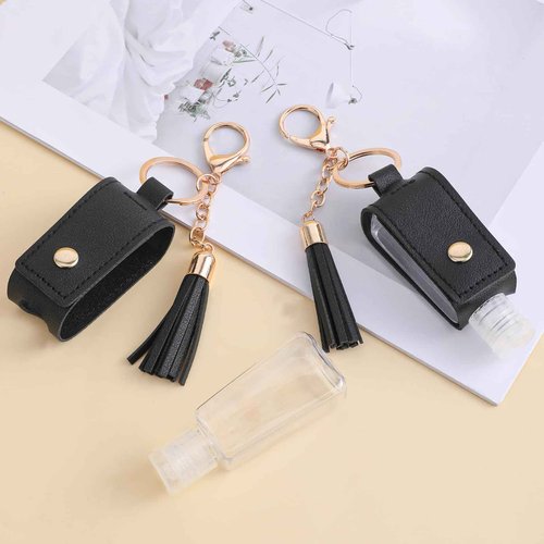 Aiyorse 2 Pcs Portable Handwashing Fluid Holder Bottles with Keychain, Refillable Travel Containers, 1oz/30ml Squeeze Bottles for Toiletry Lotion Liquid Soap Shampoo (Black)