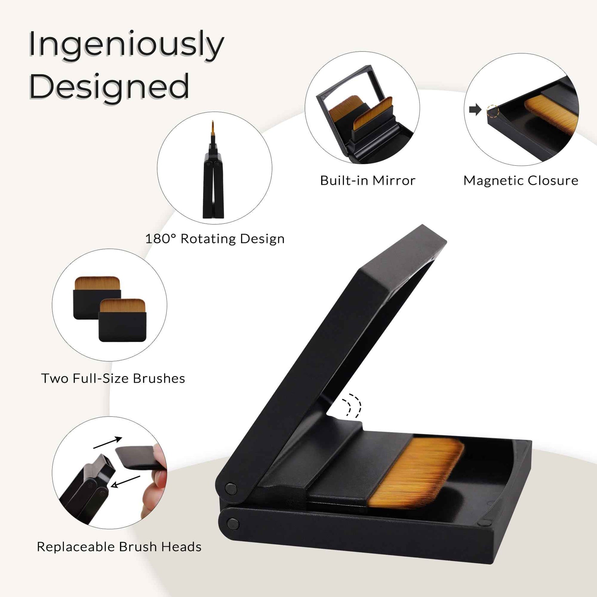 Foundation Brush with Vegan No-Shed Bristles, Wide Flat Head for Cream Liquid or Sunscreen, Dual Replaceable Heads, Mirror and Magnetic Case, Ideal for Daily Use at Home or On the Go