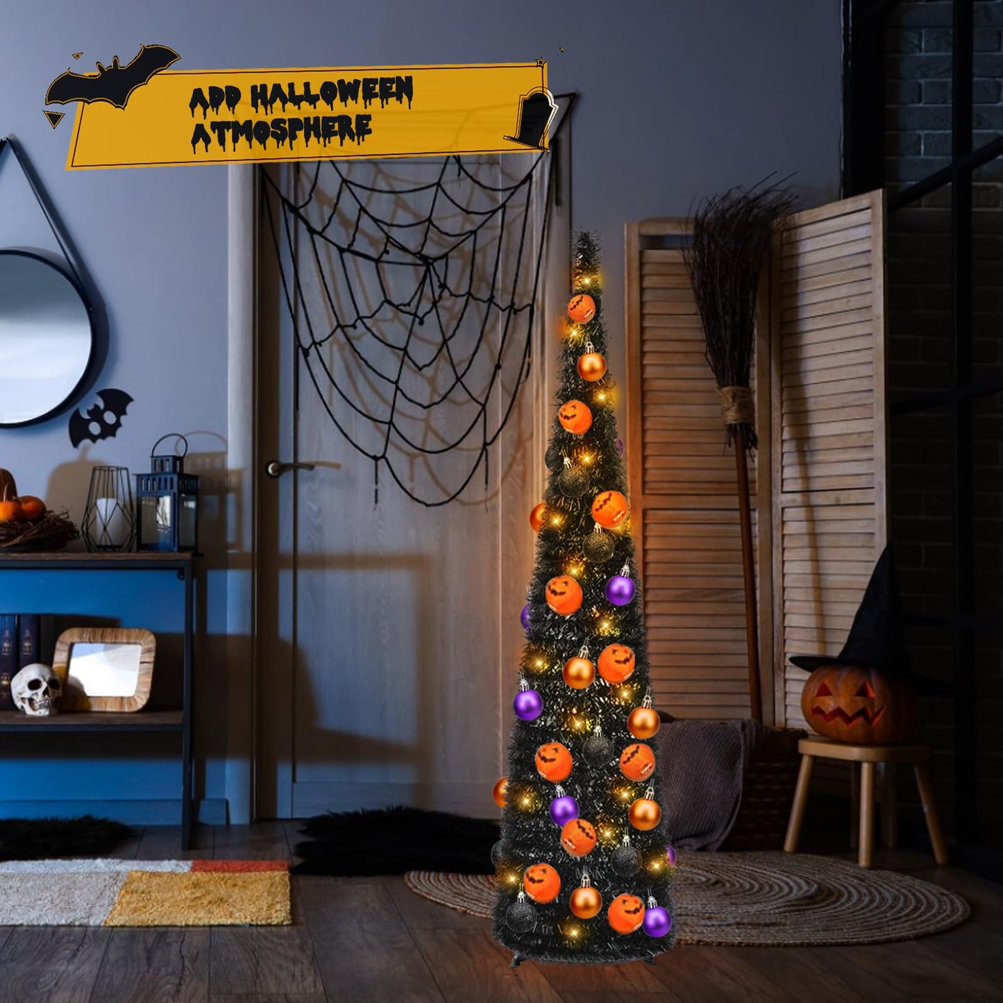 5FT Black Halloween Christmas Tree, Pop Up Tree Tinsel Collapsible, Pencil Christmas Tree Skinny with Stand for Home Apartment Holiday Party Halloween Indoor Outdoor Decorations (Black)