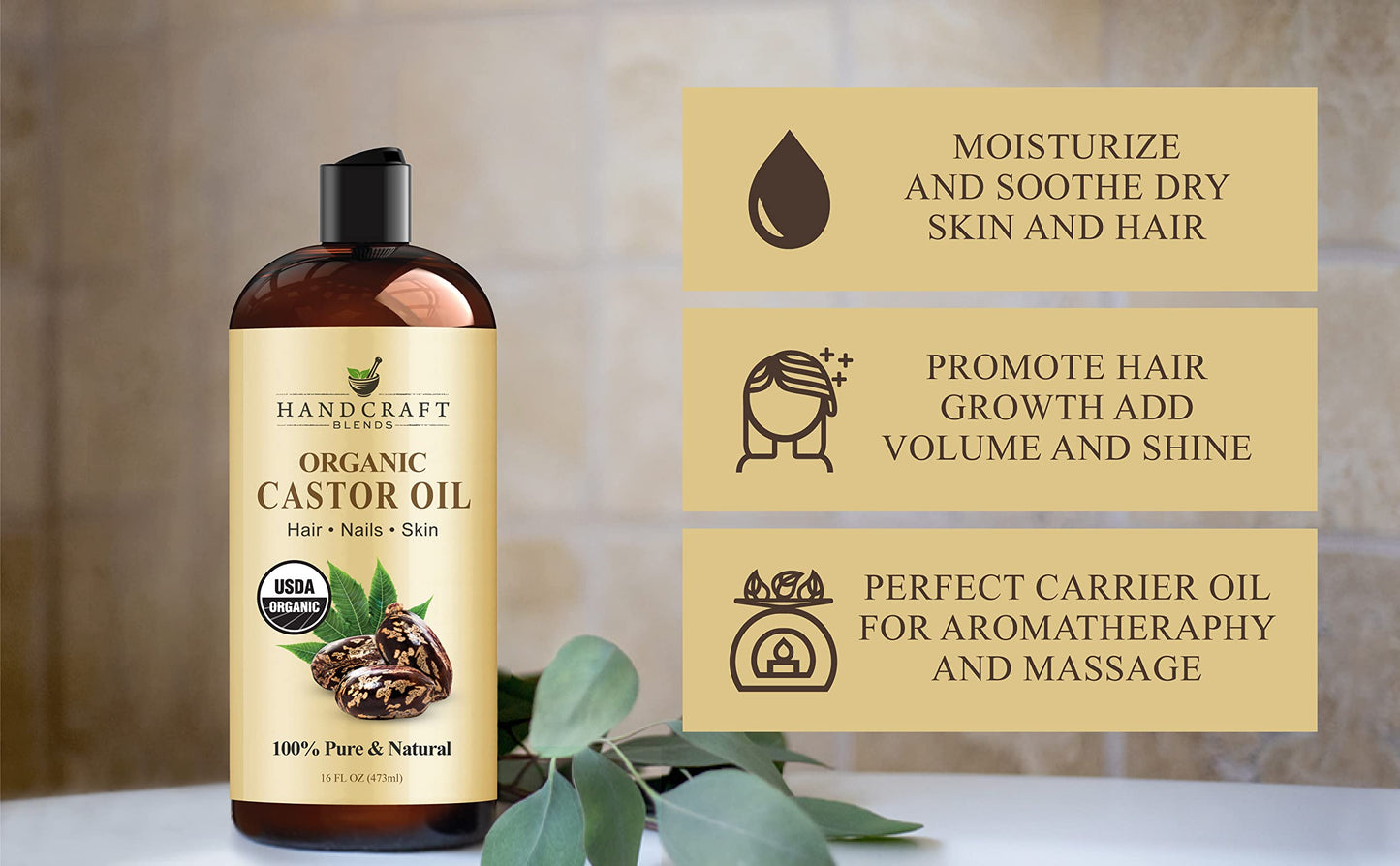 Handcraft Blends Organic Castor Oil for Hair Growth, Eyelashes and Eyebrows - 100% Pure and Natural Carrier Oil, Hair Oil and Body Oil - Moisturizing Massage Oil for Aromatherapy - 16 fl. Oz