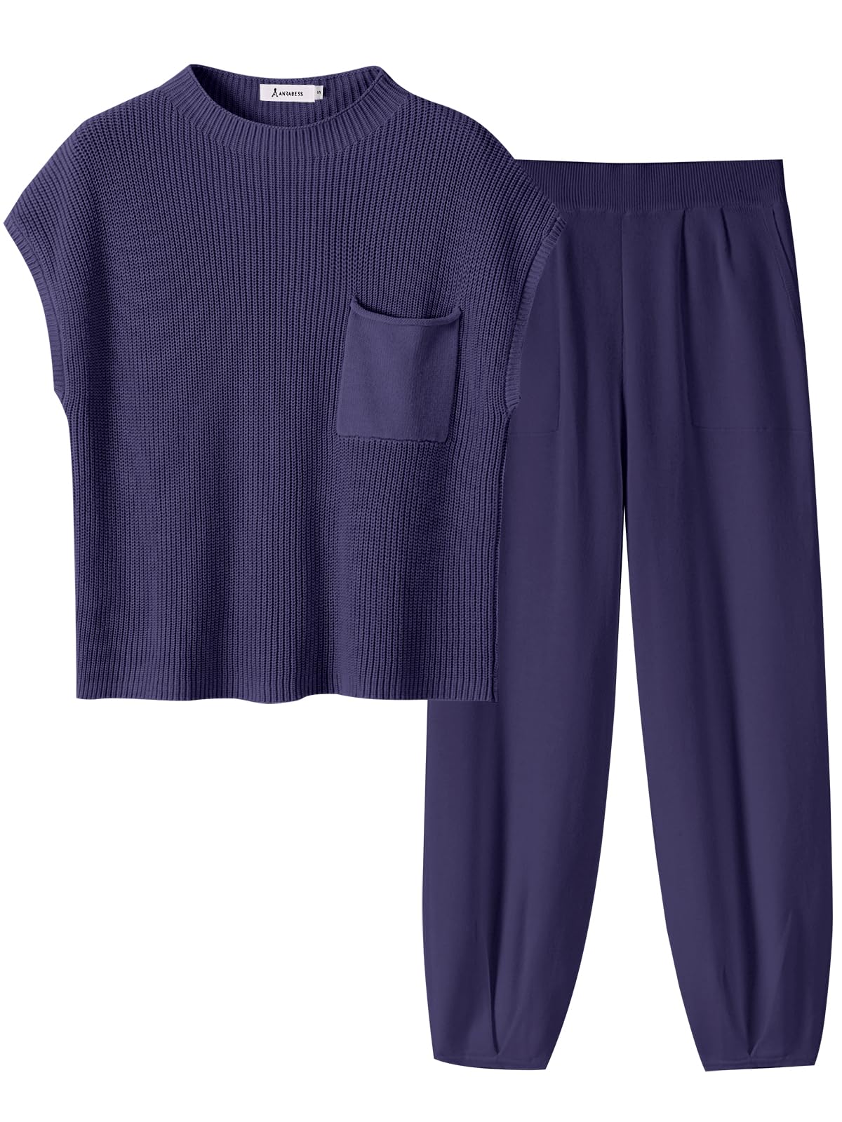 ANRABESS Women's Two Piece Outfits Knit Sweater Pullover Crop Top & Pants Lounge Matching Tracksuit Sweatsuit Sets 2024 Trendy Loungewear Clothes Purple X-Small