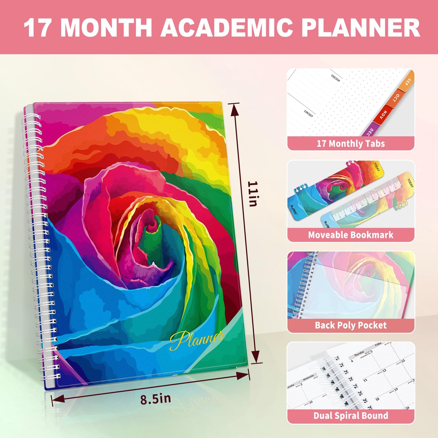 SUNEE Academic Planner 2024-2025 Weekly and Monthly - from August 2024 - December 2025, 8.5"x11" School Year Calendar Daily Planner with Monthly Tab, Flexible Cover, Note Pages, Pockets, Bookmark,