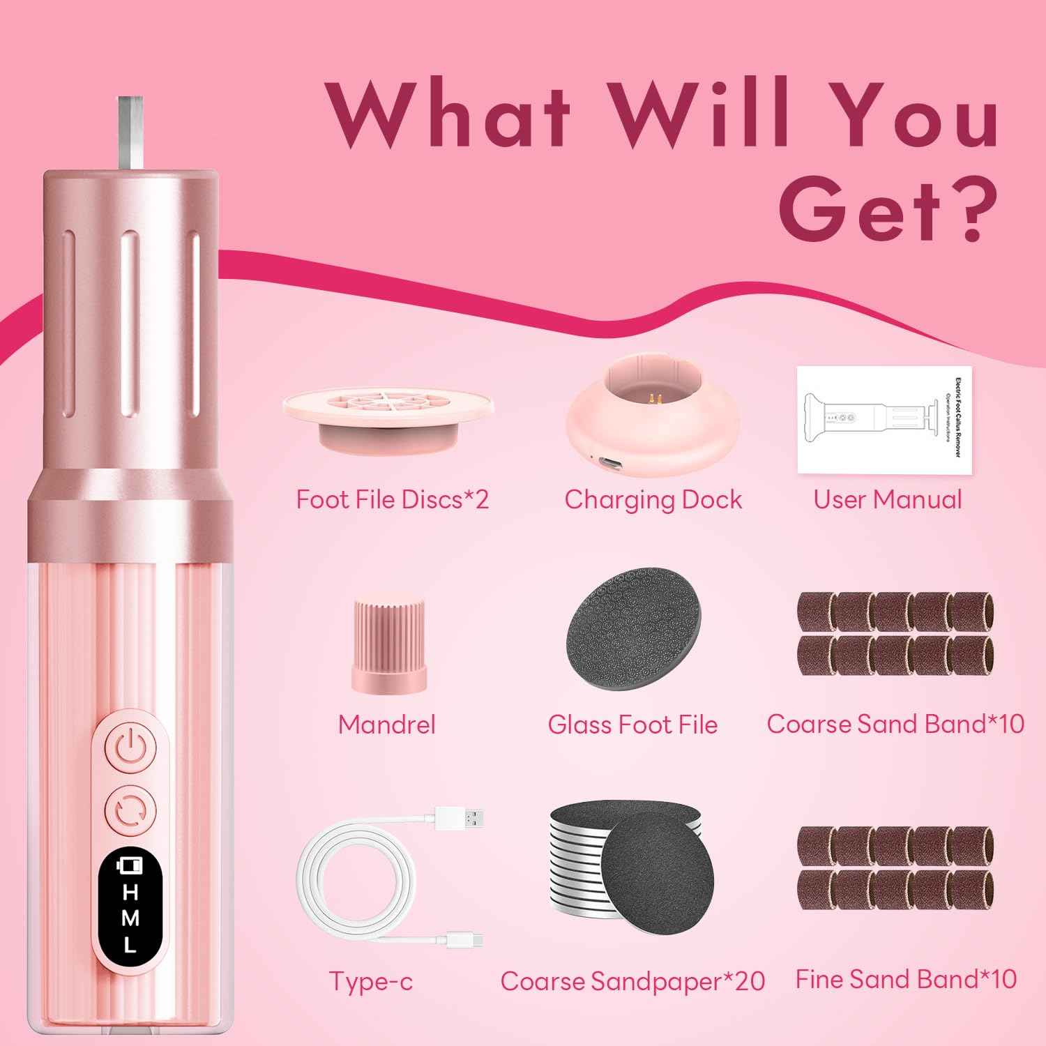 JINYAWA Electric Foot Callus Remover - 2-in-1 Rechargeable Cordless Foot File with LCD Display & 6 Speeds - Professional Foot Sander for Dead Skin, Thick Nails, Heels and Soles (Pink)