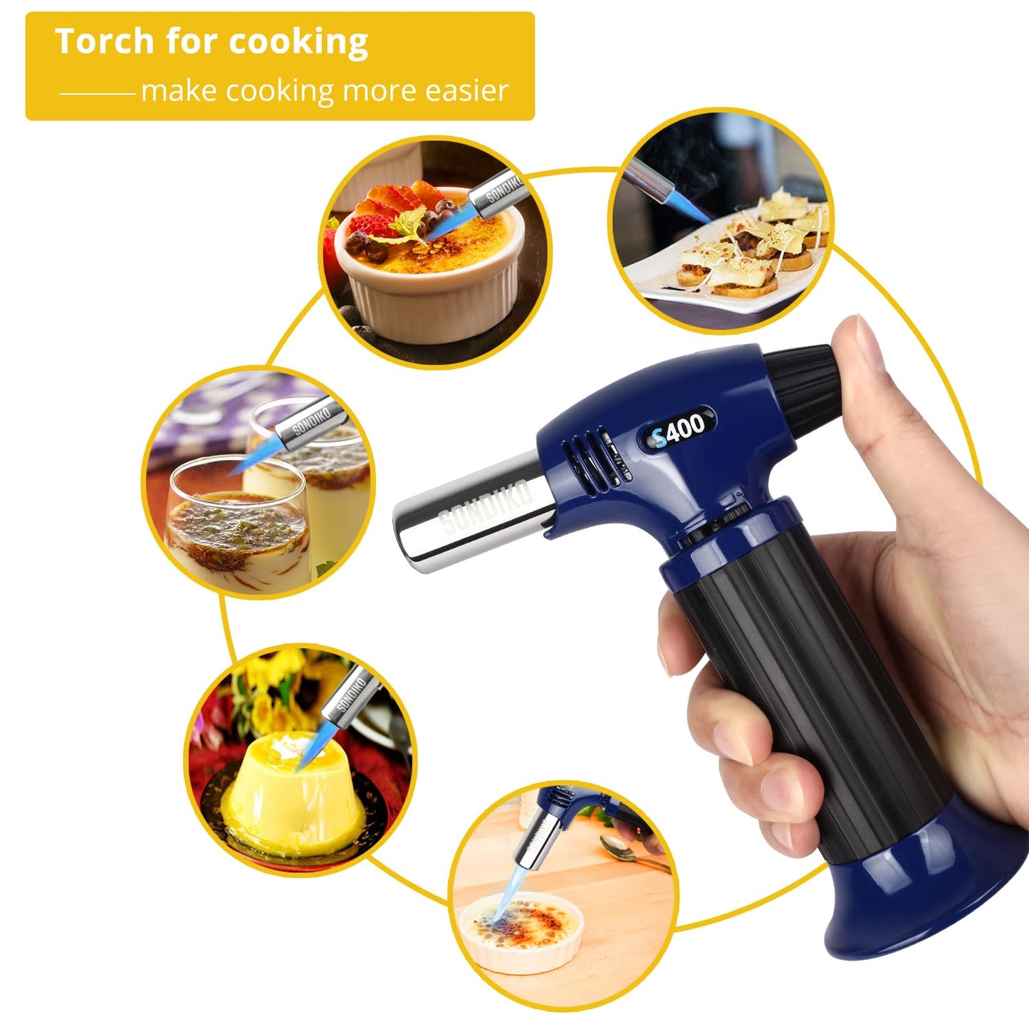 Sondiko S400 Blue Butane Torch, Refillable Kitchen Lighter with Safety Lock, Adjustable Flame for Creme Brulee & Baking—Butane Gas Not Included