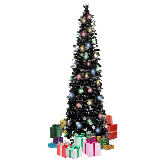 5FT Black Christmas Tree with Lights 90 LED, Black Artificial Pencil Tree Halloween Christmas Tree Decoration Pop Up Tree for Home Fireplace Porch Door Office Indoor Outdoor Party (Black)