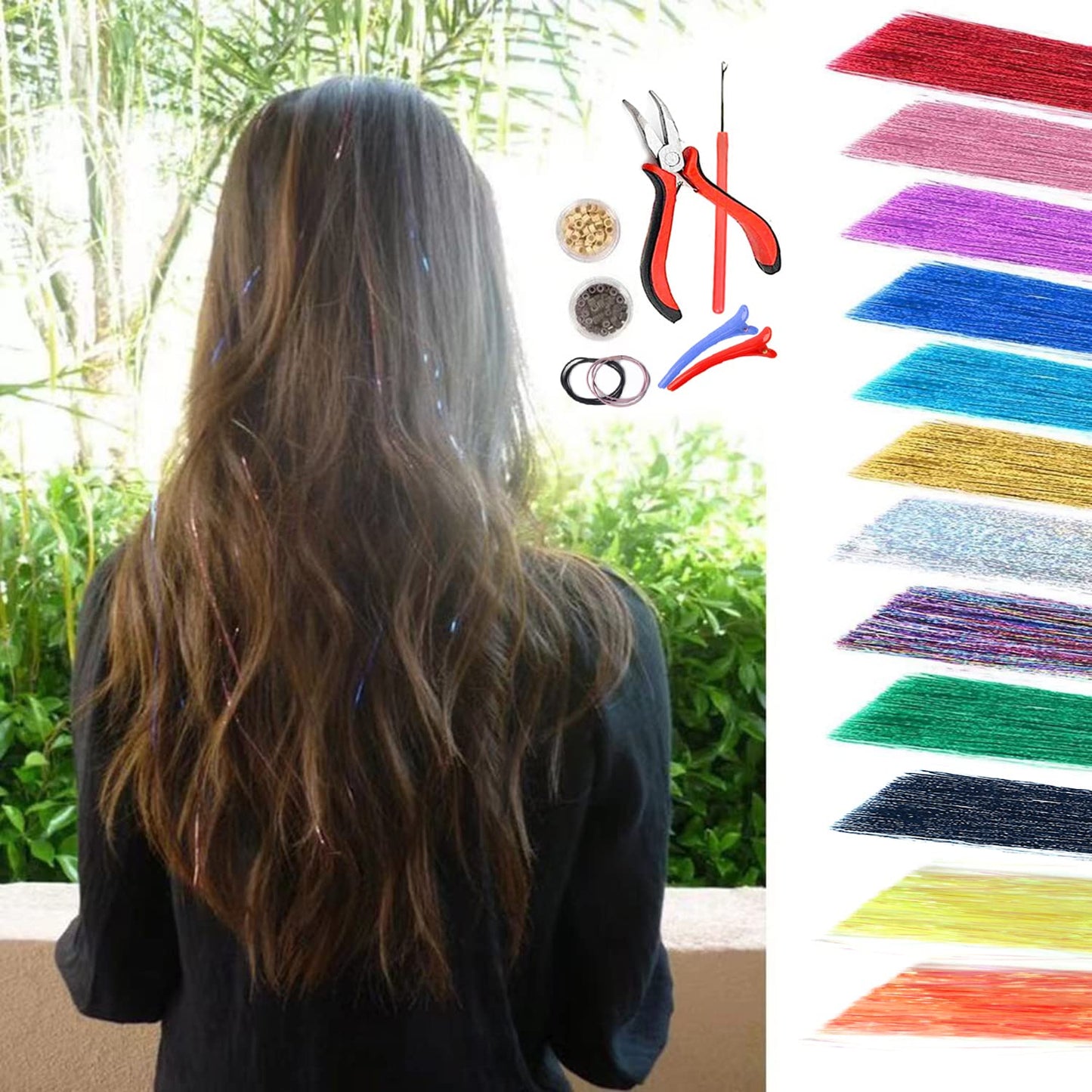 Hair Tinsel Kit, Tinsel Hair Extensions, 12 Colors Glitter Fairy Hair Tinsel Heat Resistant with Tools for Women Girls Party Halloween Christmas New Year