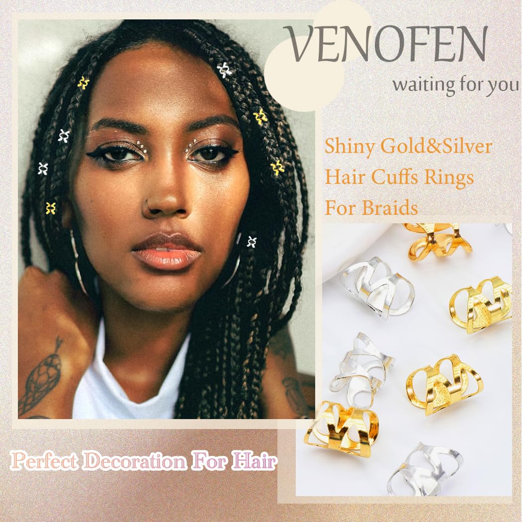 VENOFEN 100PCS Metal Hair Accessories for Braids - Gold & Silver Hair Rings, Braids Clips, Dreadlock Beads, and Cuffs for Women and Girls