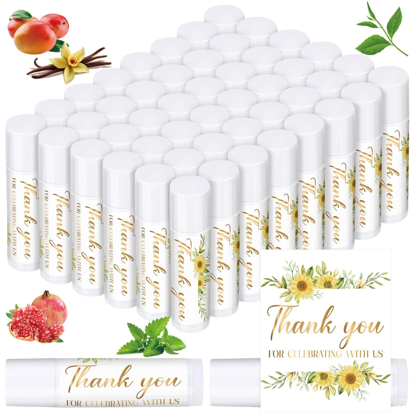 Dunzy 50 Pcs Thank You Gift Lip Balm Bulk Baby Shower Party Favors Bridal Shower Favor Lip Care with Assorted Fruit Flavors Thank You Lipstick for Guest Basket Gift Stuffer (Sunflower)