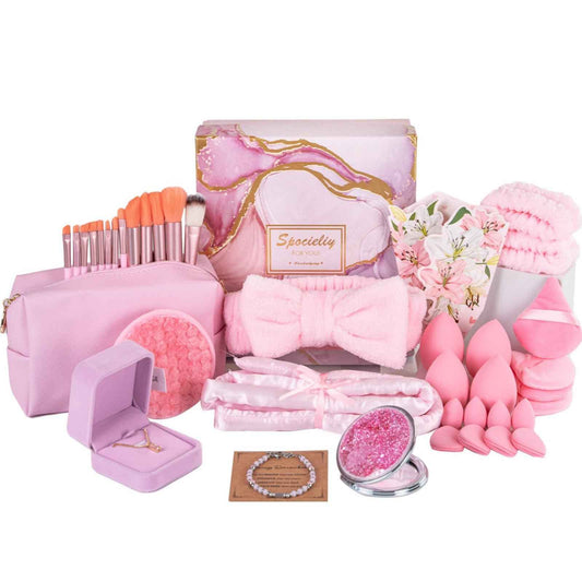 40PCS Trendy Stuff Gifts Set for Teen Girls -Makeup Brushes Set + Blending Sponges + Silk Heatless Curling Set + Jewelry Set & Skincare Headbands | Birthday Gift for Daughter, Niece, Her (Pink)