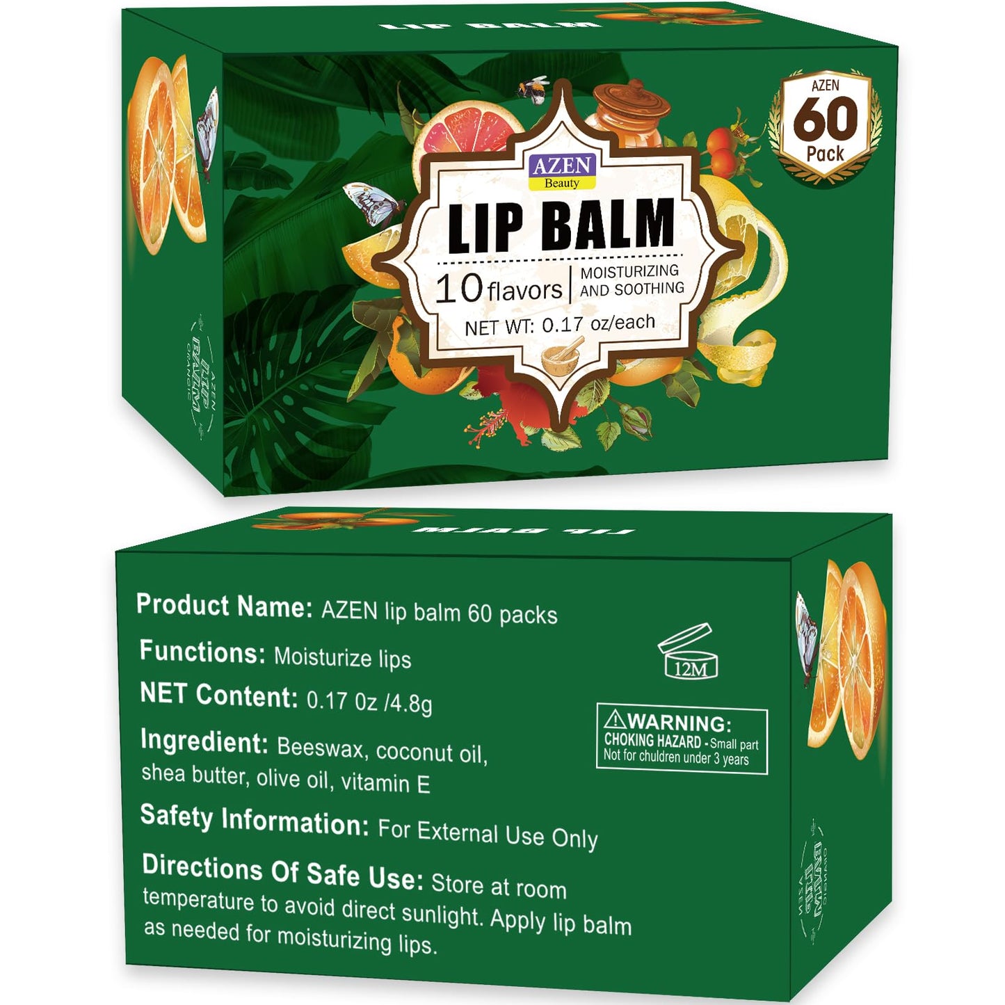 AZEN 60 Pack Lip Balm, Natural Lip Balm Bulk, Lip Care Product, Moisturizing Lip Balm for dry cracked lips - 10 Flavors