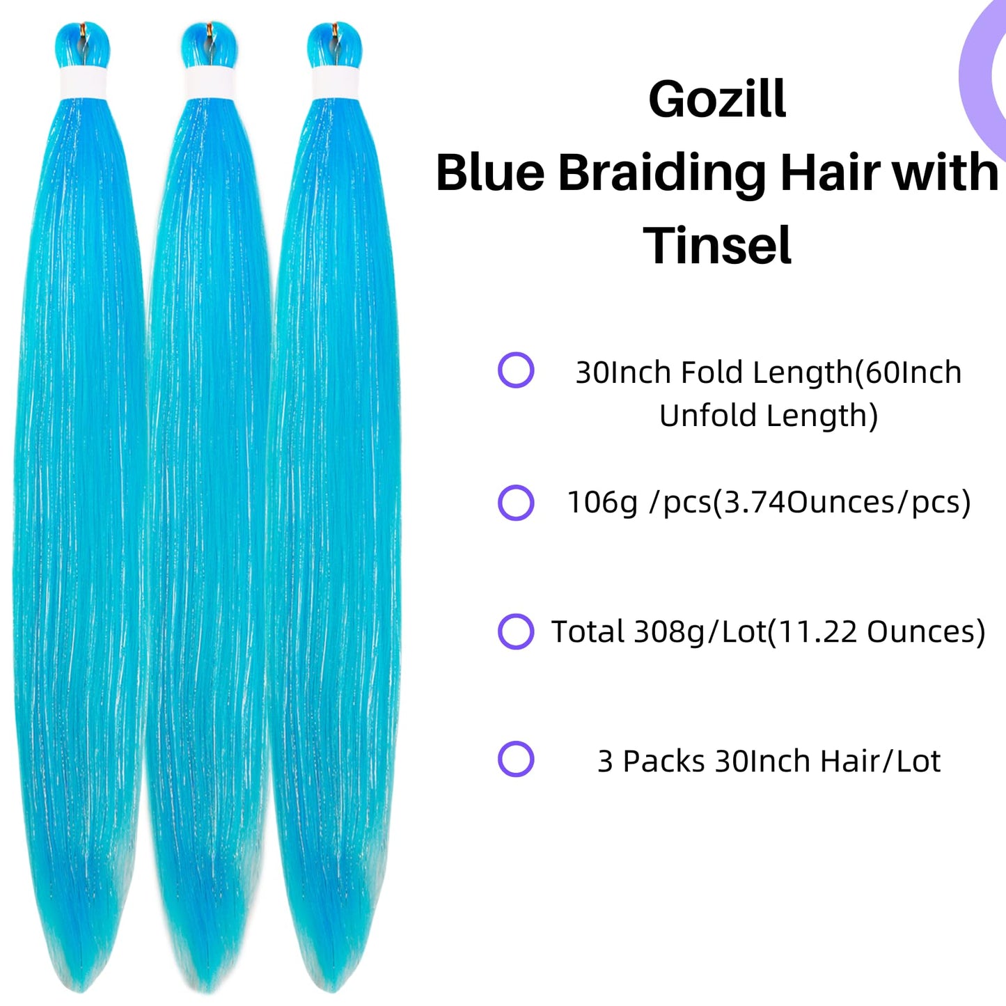 Gozill Blue Braiding Hair Pre Stretched Tinsel Braiding Hair 30 Inch Colorful Synthetic Fake Hair for Braiding