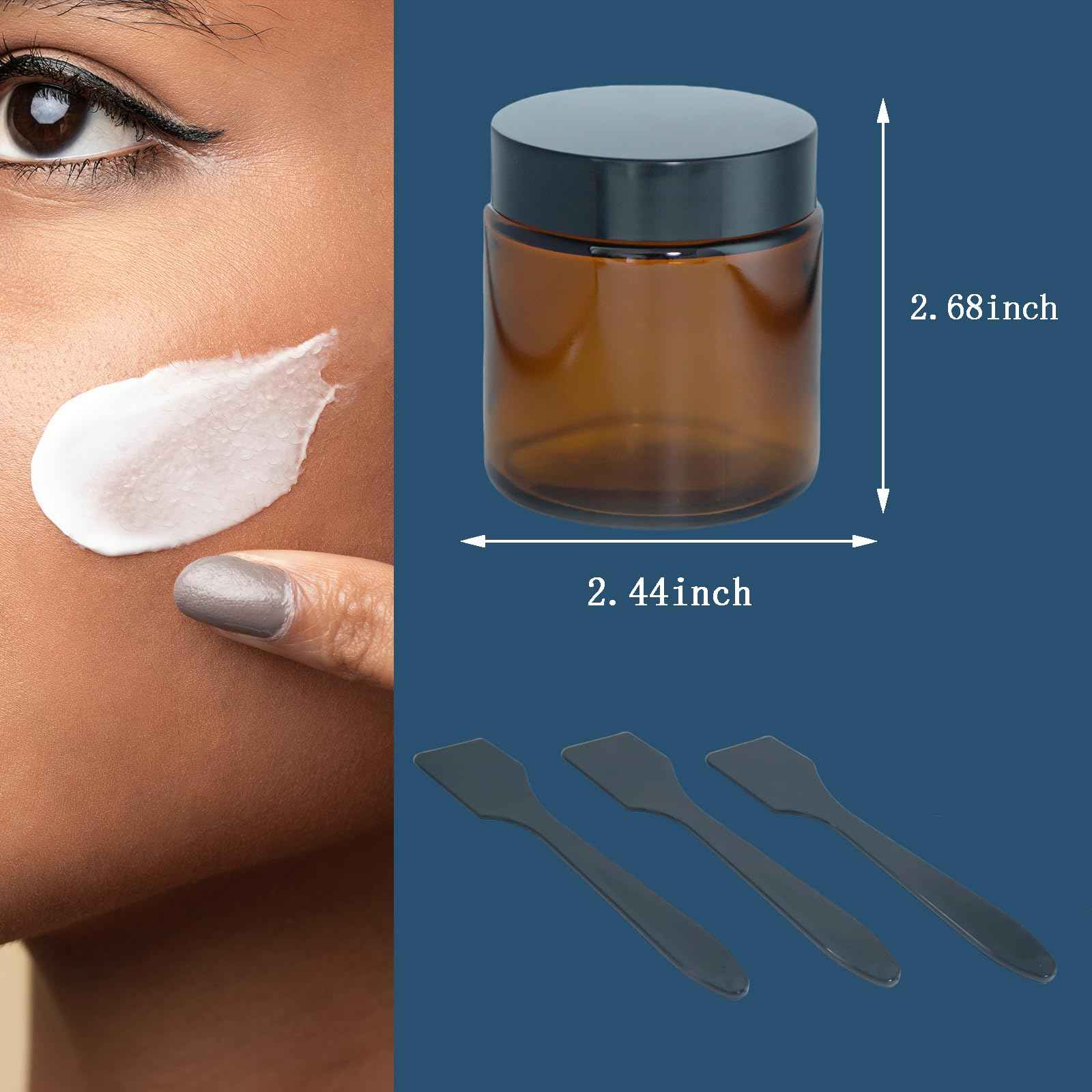 Lustervial 4Oz Amber Small Glass Jars with Lids, 3Pack Lotion Container, Cosmetic Containers, Little Travel Jars for Creams with Mini Spoon