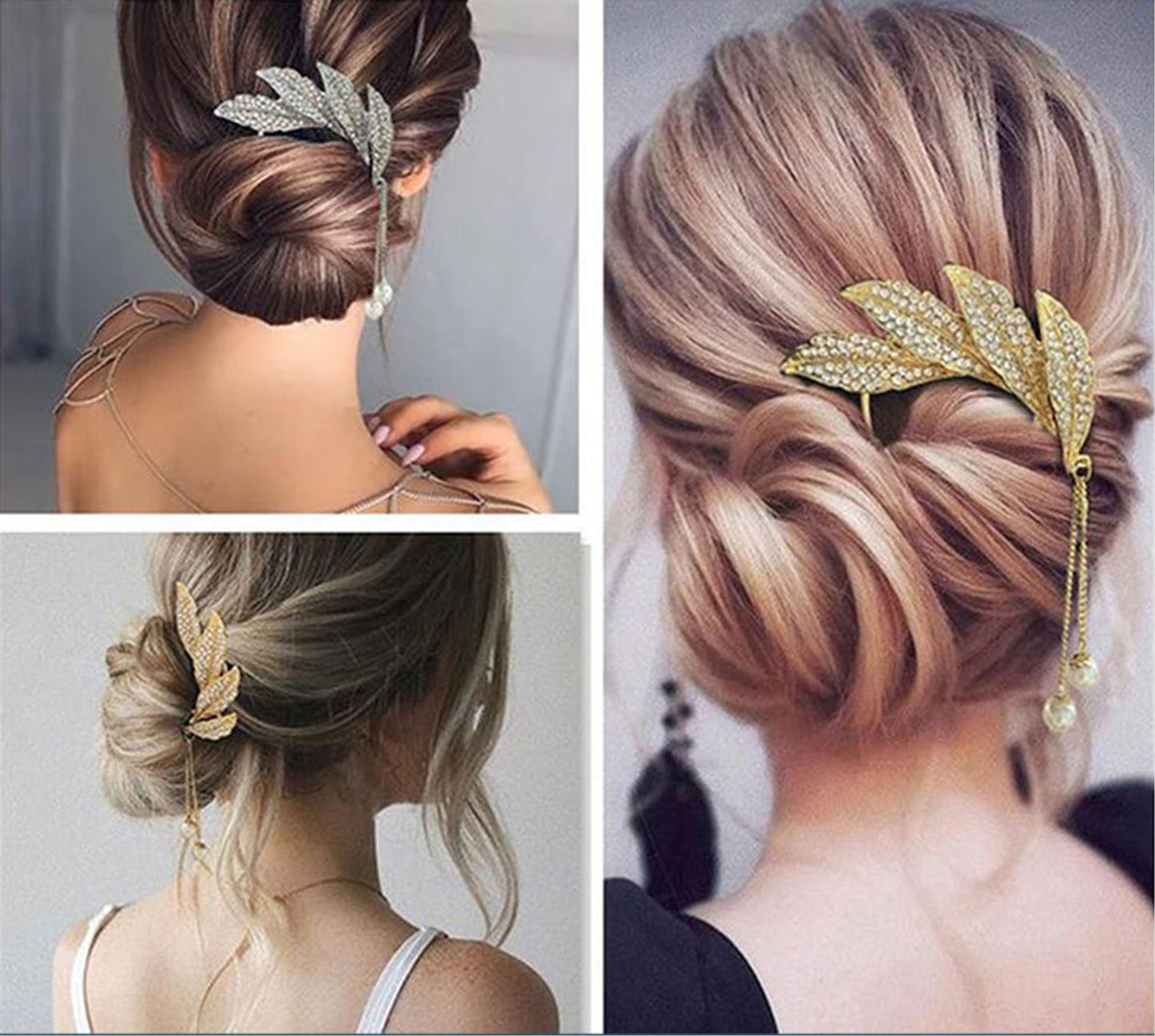 3 Pack Pearl Bridal Wedding Hair Styling Pins, Leaves Style Clips Barrettes Bride Head Piece U Shape Rhinestone Flower Hair Accessories for Women & Girls Brides Bridesmaids 005-3PCS