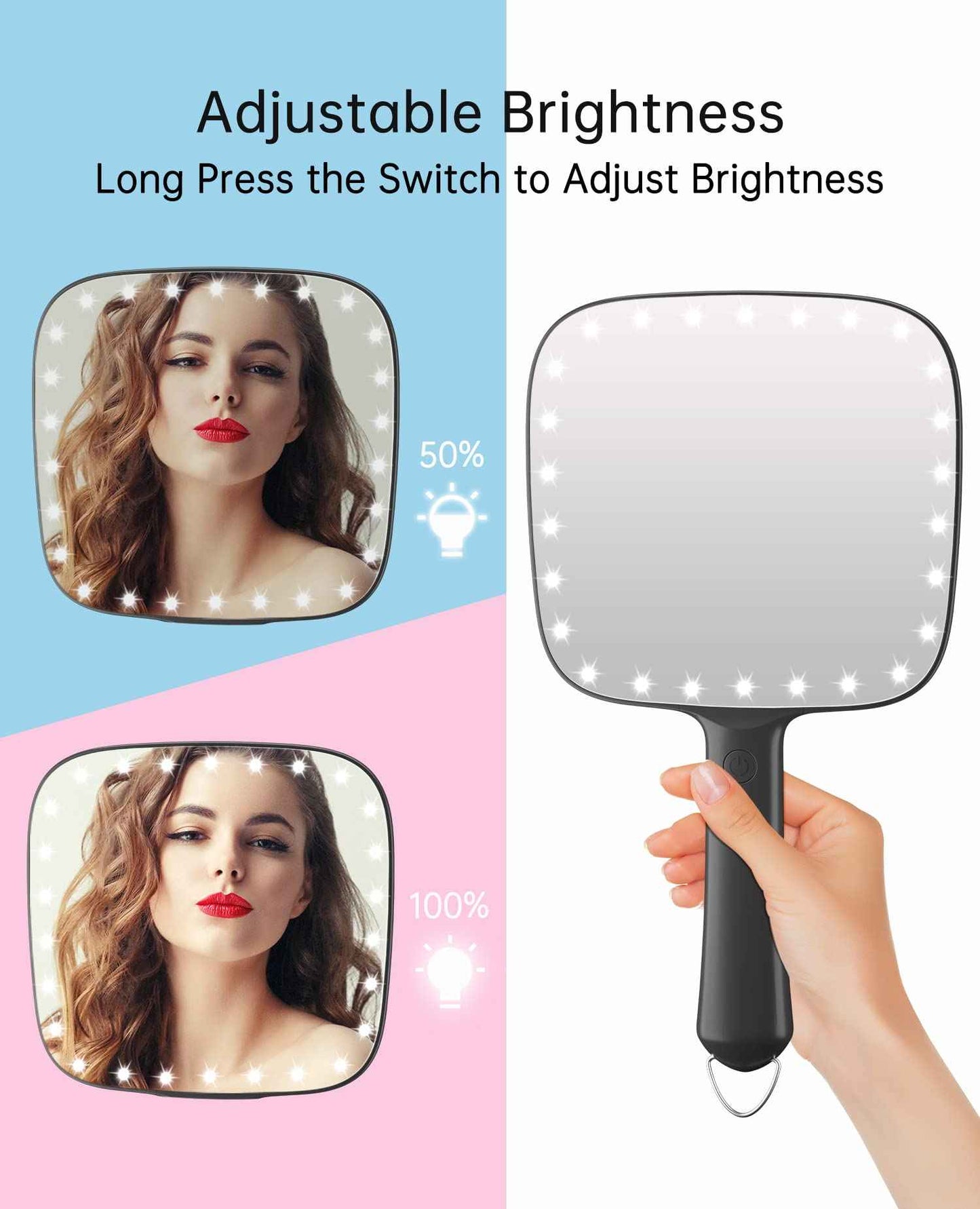 Famihomii Lighted Handheld Mirror, 6.2"x 5.9" Square Glass Frame with LED Beads, Battery Operated, Ideal for Haircut, Shaving, Makeup, and Wound Care