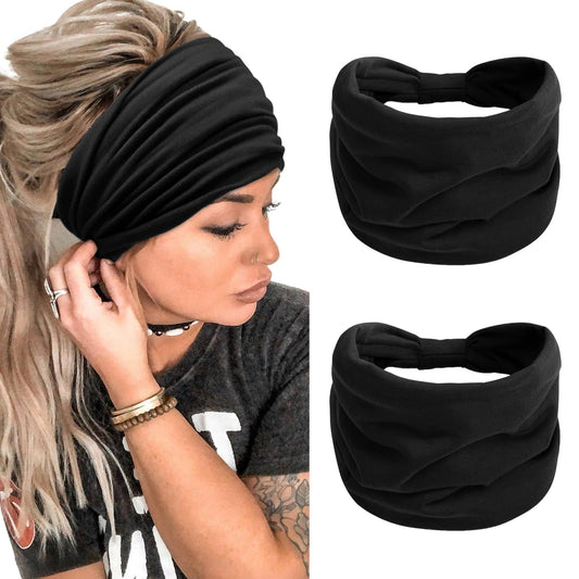 TERSE 2 Packs Headbands for Women Boho Extra Wide 7’’ Black Head Bands African Knotted Non Slip Fashion Hair Band Stretch Yoga Workout Running Gym Hairbands Turban Bandana for Girls