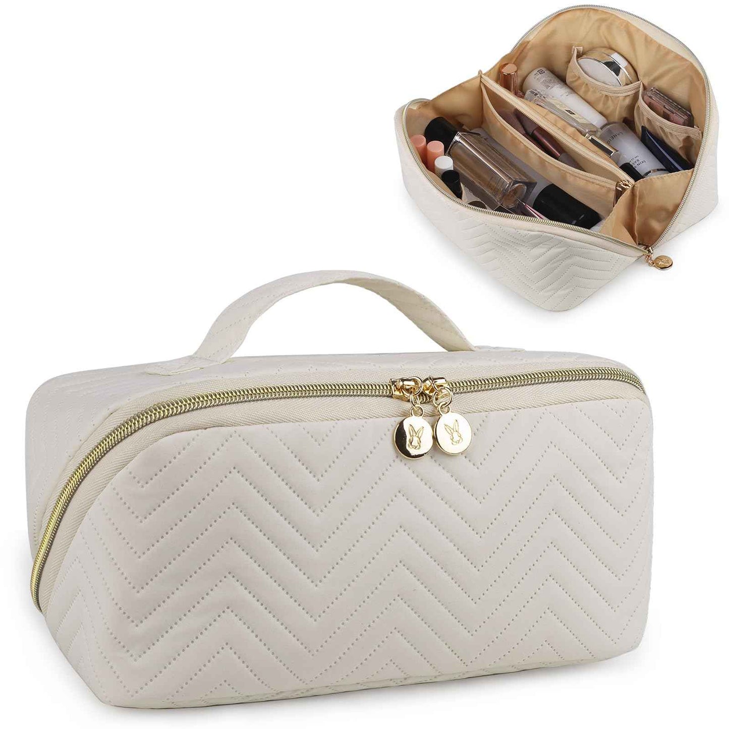 Bunnychill Makeup Bag Cosmetic Bag, Large Capacity Travel Makeup Bag for Women with Portable Pouch Open Flat Water-resistant Toiletry Organizer Bag with Handle (Beige)