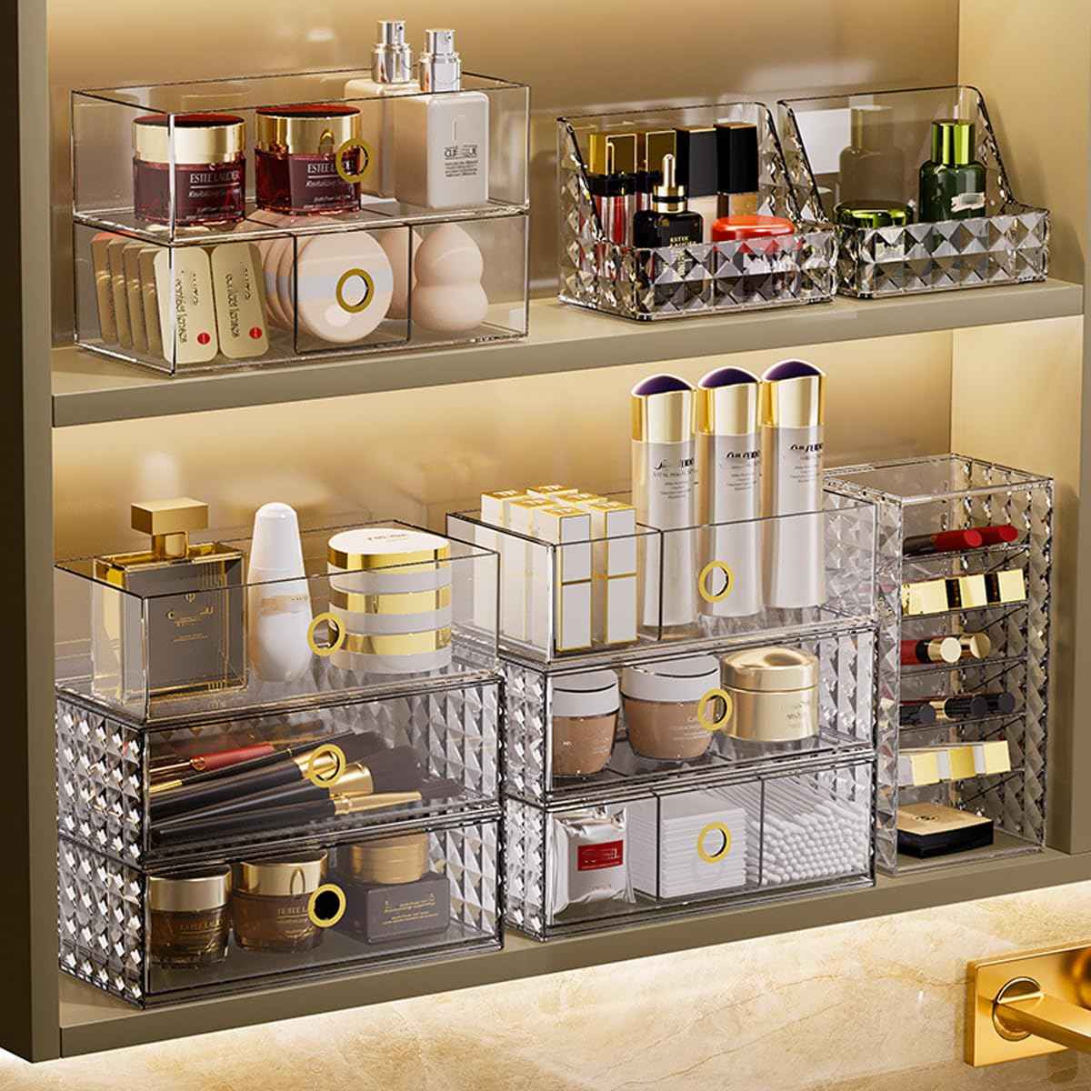 MORNITE 2-Tier Stackable Medicine Cabinet Organizer Drawer with Removable Dividers, Clear Plastic Bathroom Storage Drawers for Vanity, Countertop, Wall Cabinet Home Organization