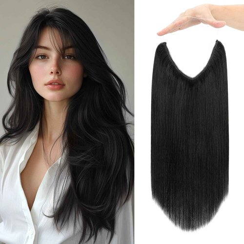 Charites Halo Hair Extensions Real Human Hair Invisible Wire Extensions with Transparent Fish Line Adjustable Size Jet Black 14 inch
